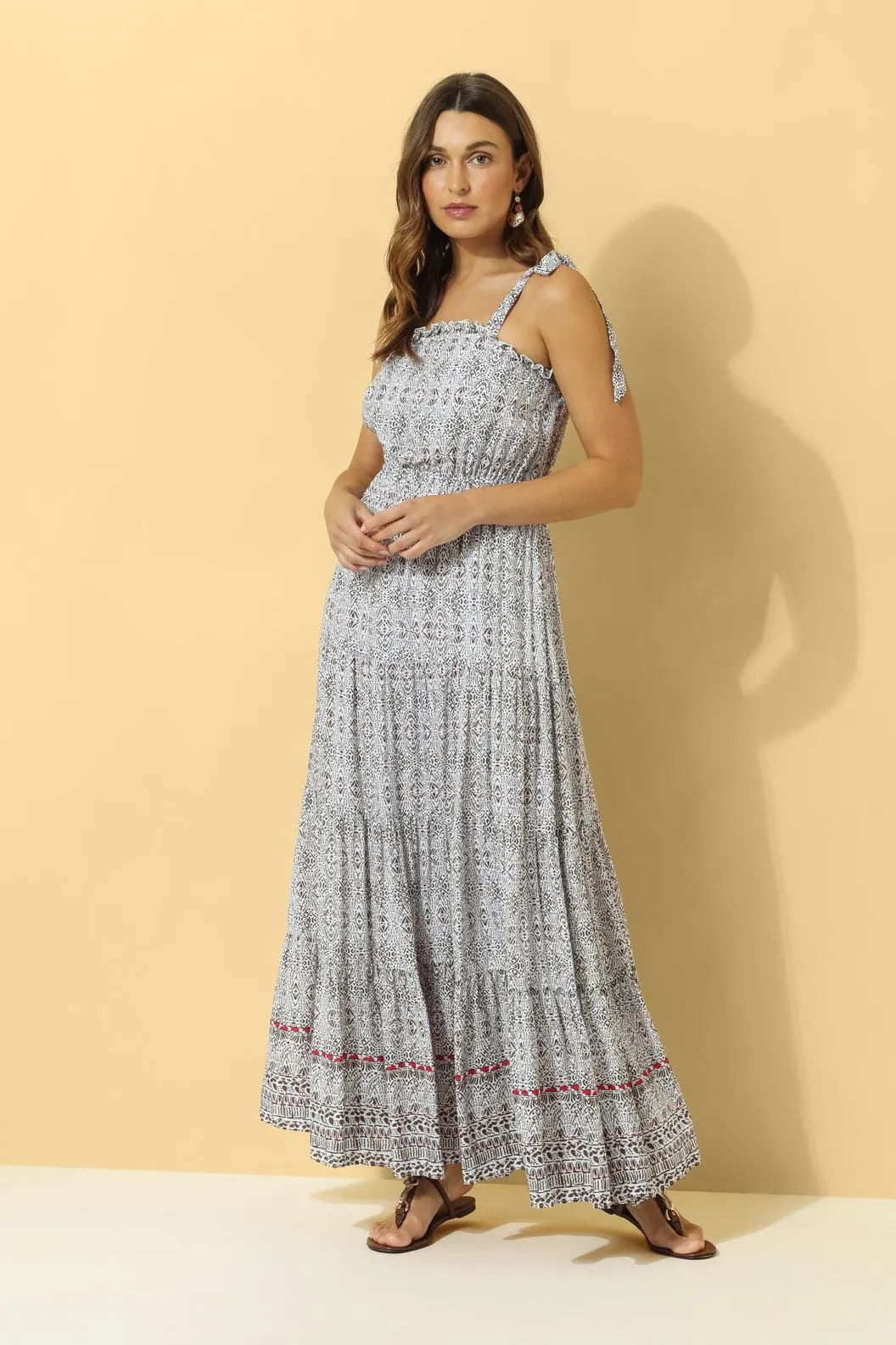 Florence Tiered Maxi Dress ~ White & Mocha