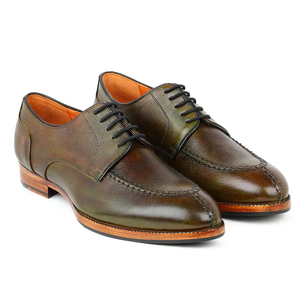Green Patina Glossed Hatch Grain Split Toe Derby