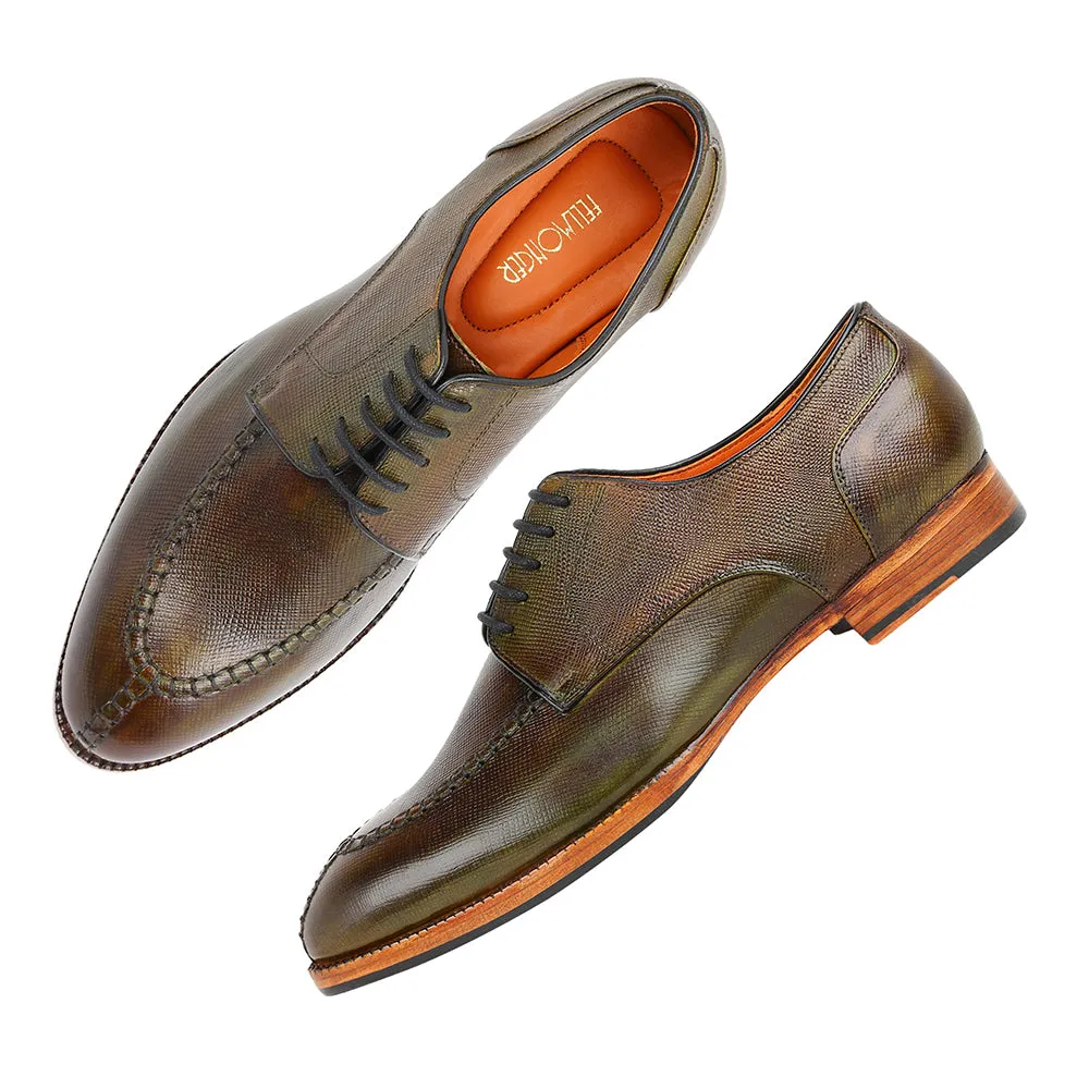 Green Patina Glossed Hatch Grain Split Toe Derby