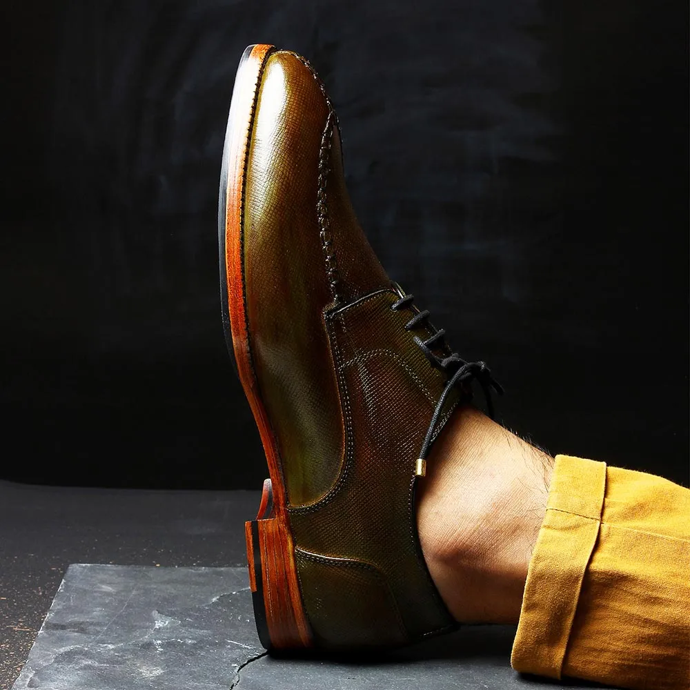 Green Patina Glossed Hatch Grain Split Toe Derby
