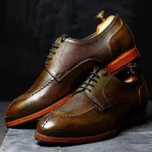 Green Patina Glossed Hatch Grain Split Toe Derby
