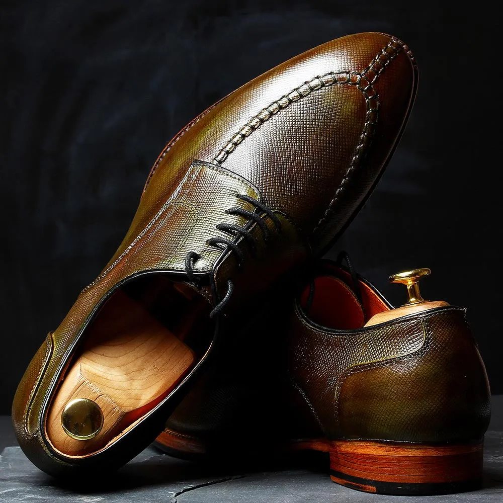 Green Patina Glossed Hatch Grain Split Toe Derby
