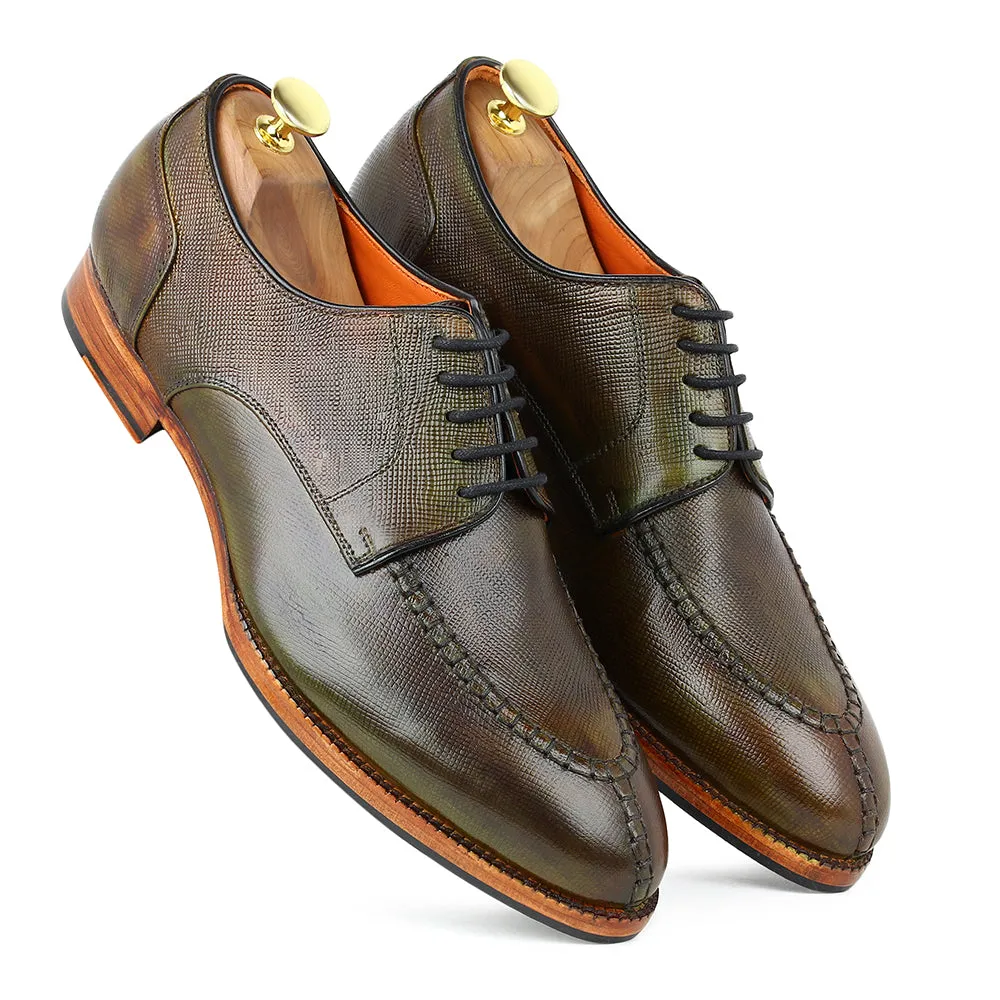 Green Patina Glossed Hatch Grain Split Toe Derby