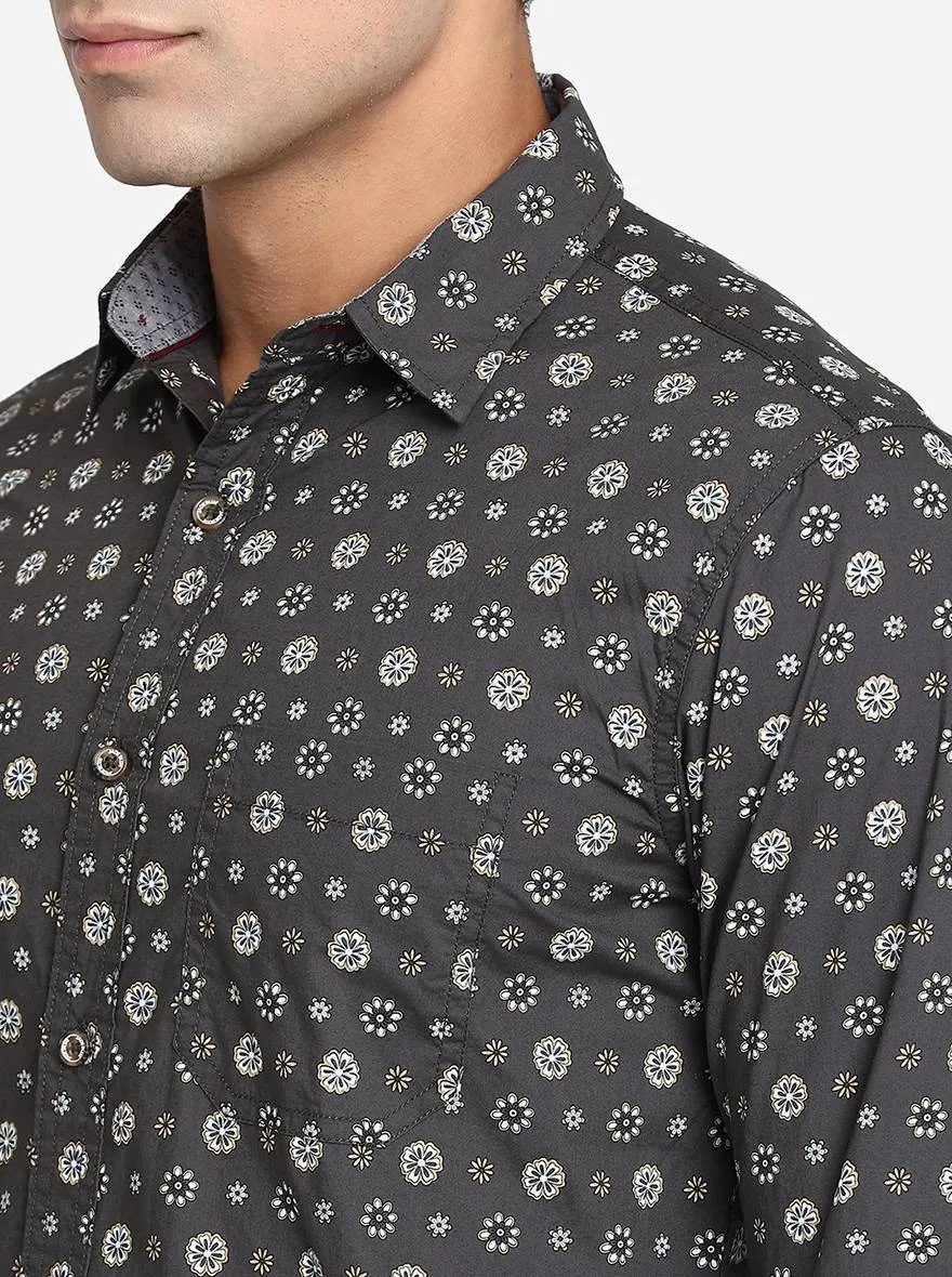 Gunmetal Grey Printed Slim Fit Semi Casual Shirt | JadeBlue