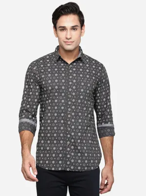 Gunmetal Grey Printed Slim Fit Semi Casual Shirt | JadeBlue