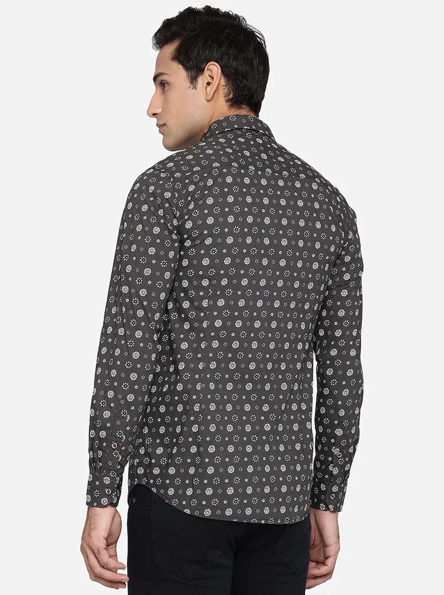 Gunmetal Grey Printed Slim Fit Semi Casual Shirt | JadeBlue