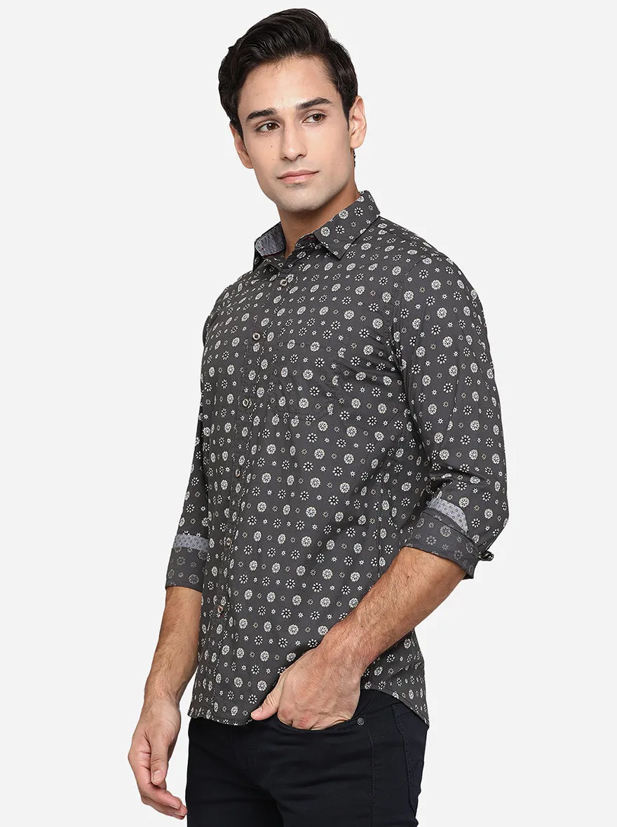 Gunmetal Grey Printed Slim Fit Semi Casual Shirt | JadeBlue