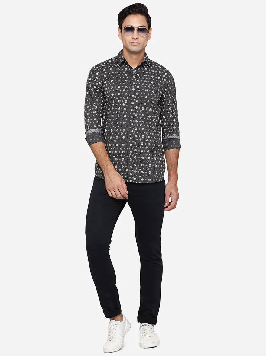 Gunmetal Grey Printed Slim Fit Semi Casual Shirt | JadeBlue