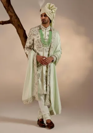 Hazy blue linen silk sherwani set