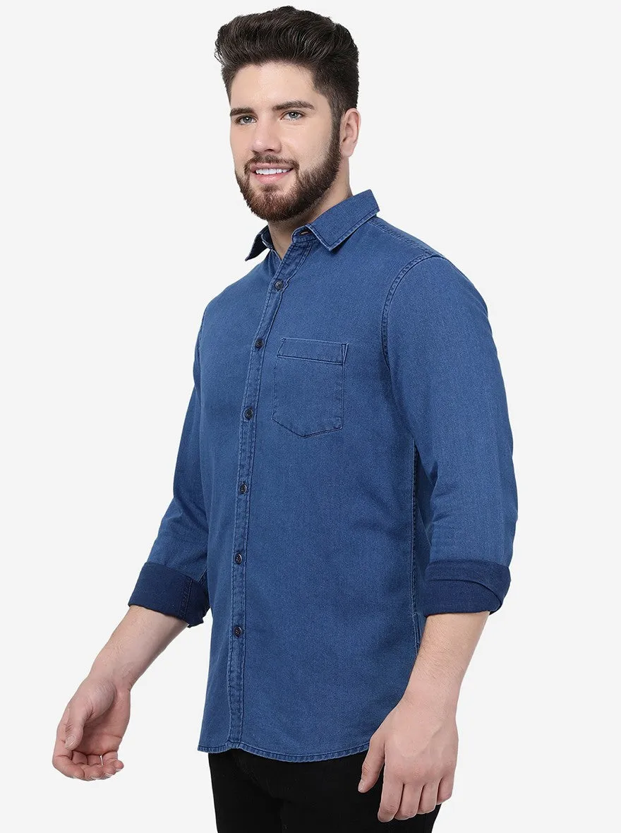 Indigo Blue Solid Slim Fit Casual Shirt | JadeBlue