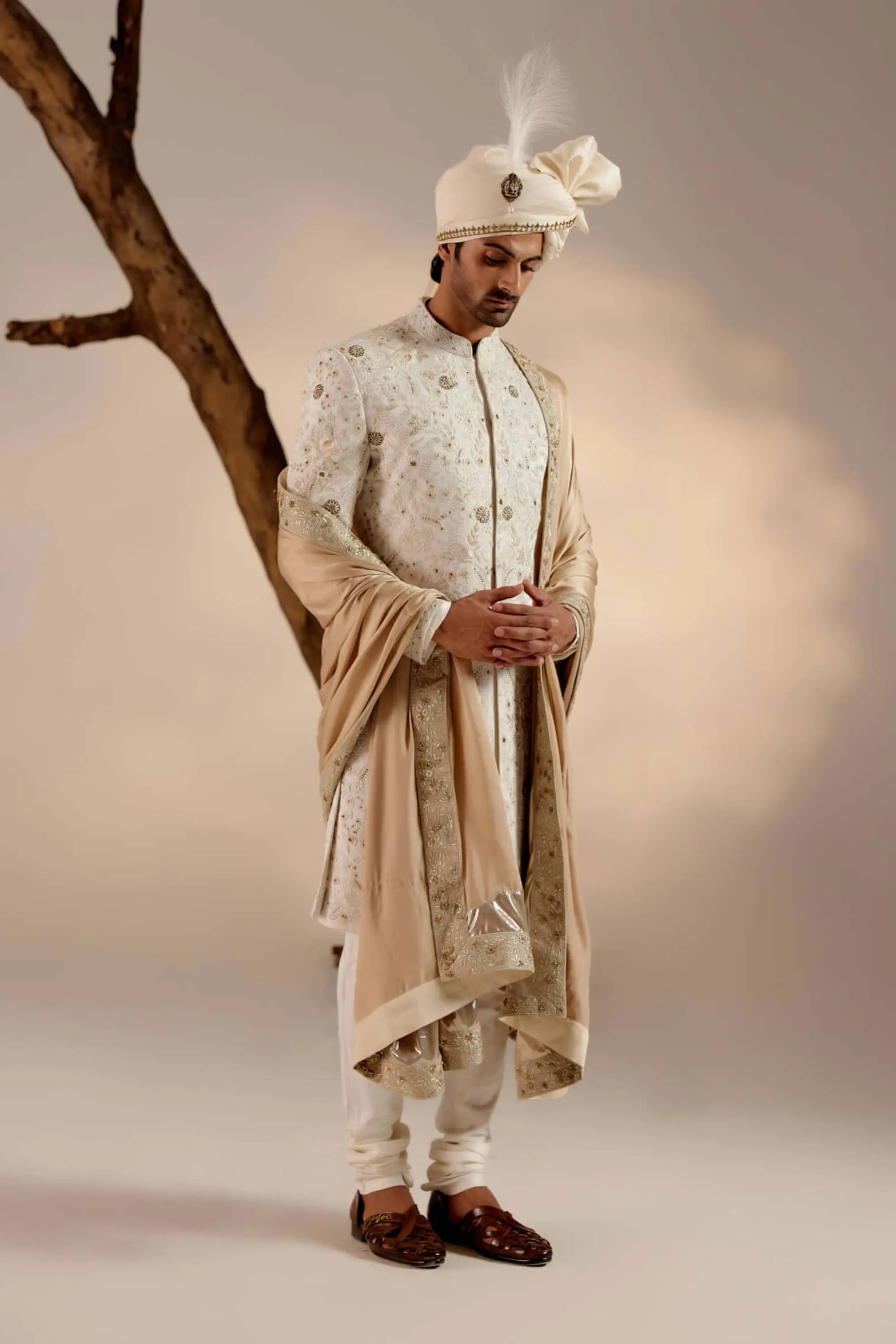 Ivory and gold linen silk sherwani set