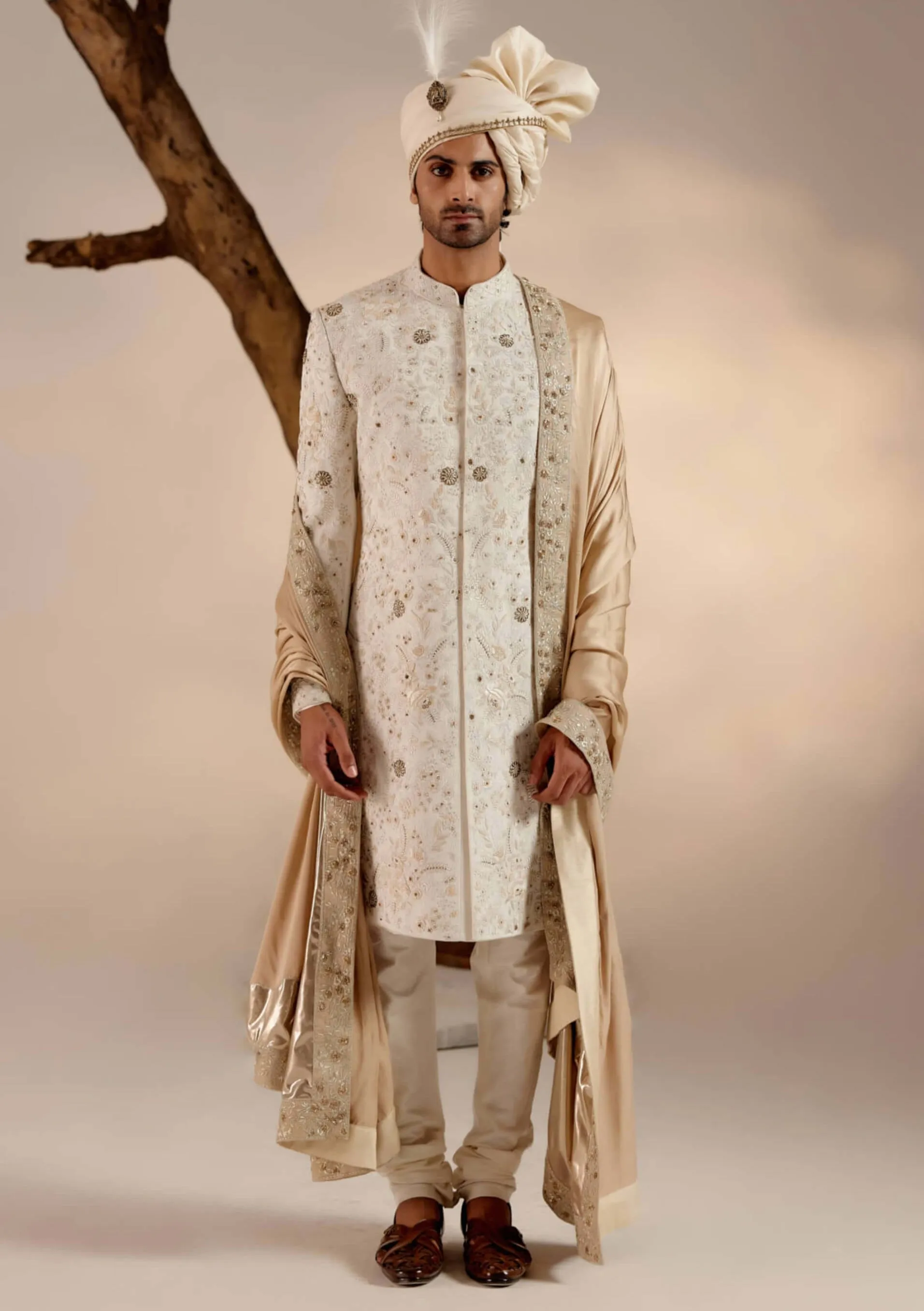 Ivory and gold linen silk sherwani set