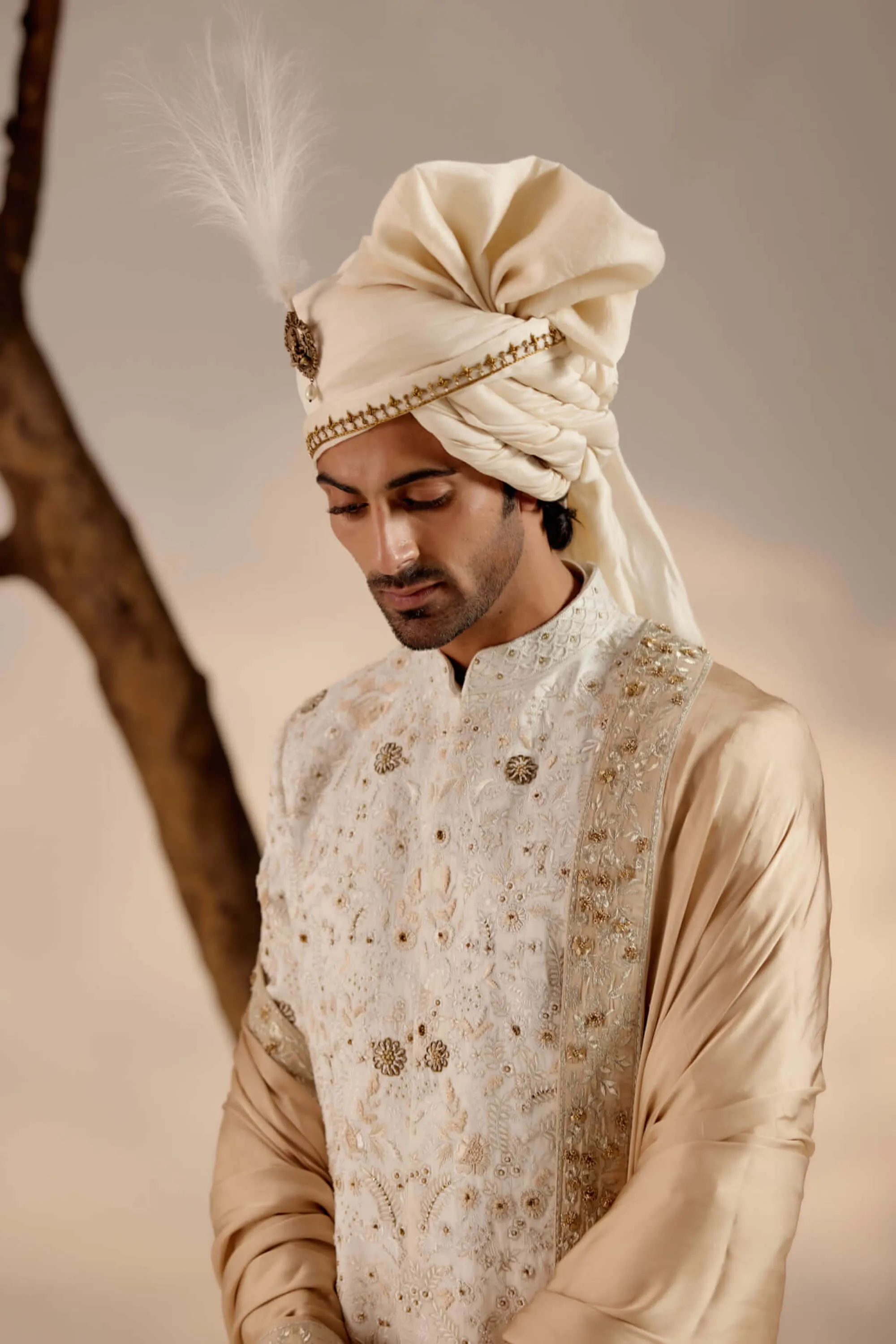 Ivory and gold linen silk sherwani set
