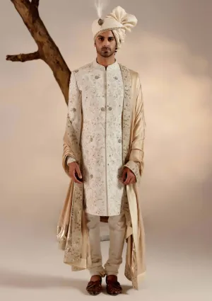 Ivory and gold linen silk sherwani set