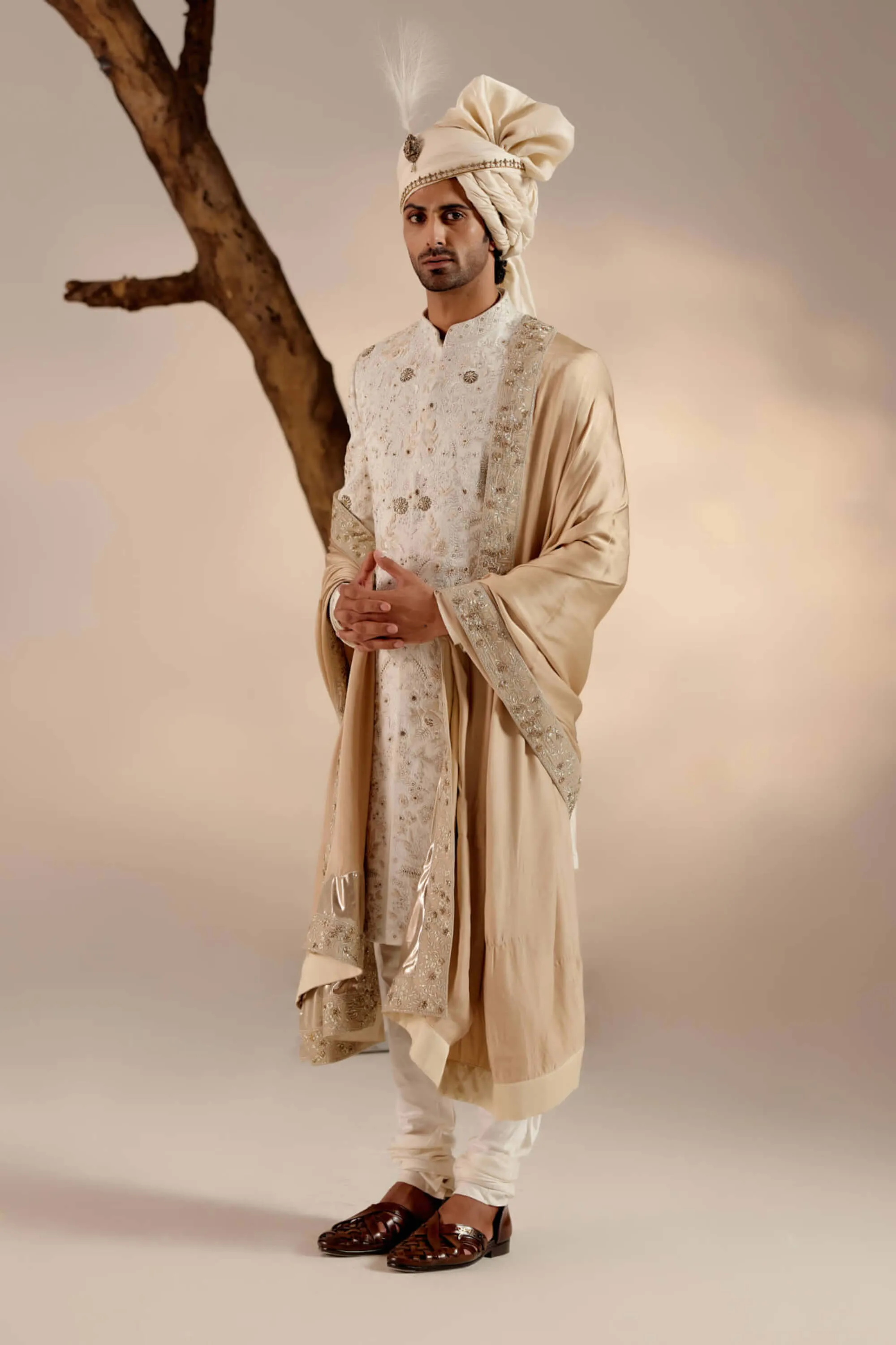 Ivory and gold linen silk sherwani set