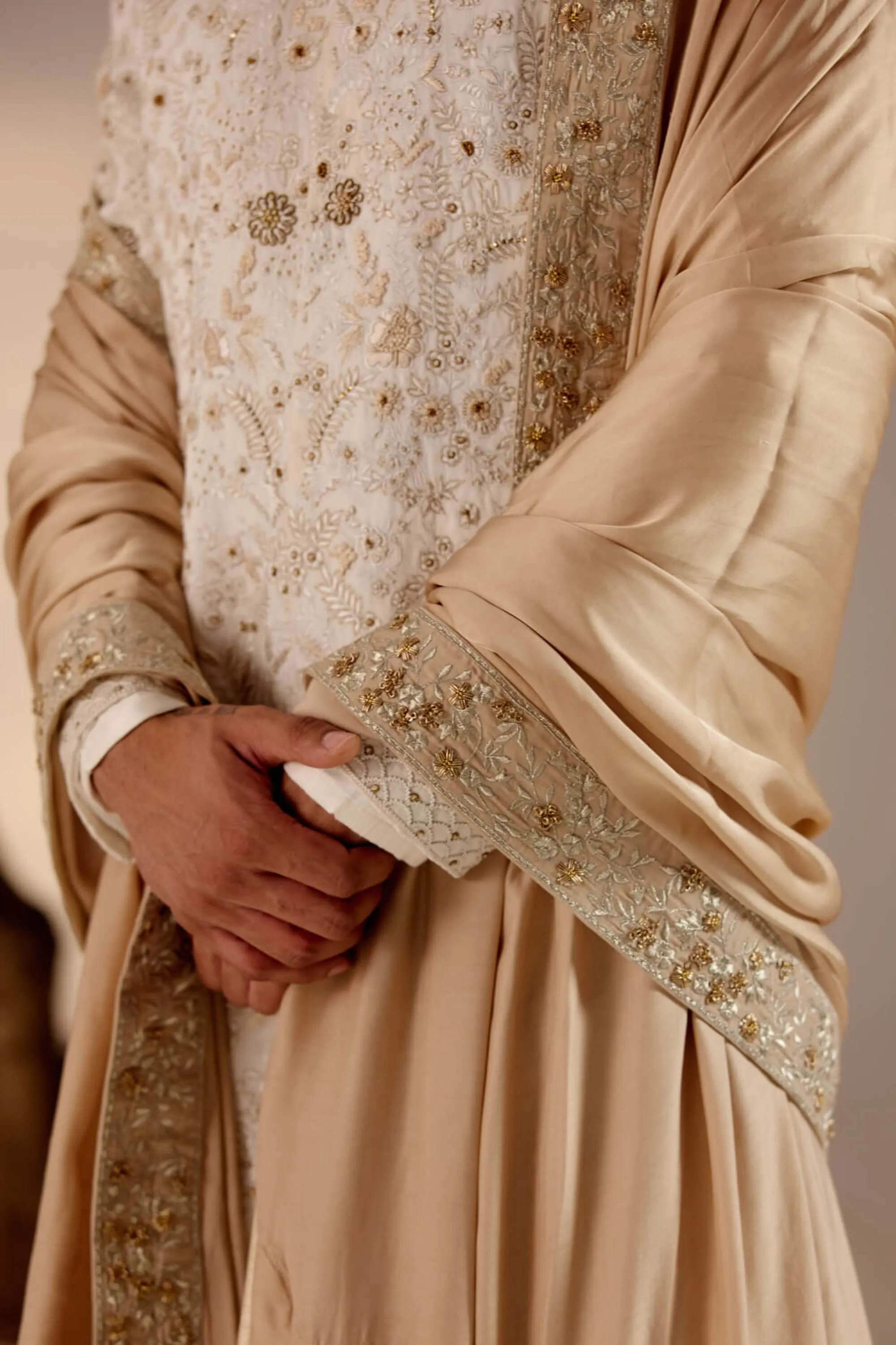 Ivory and gold linen silk sherwani set