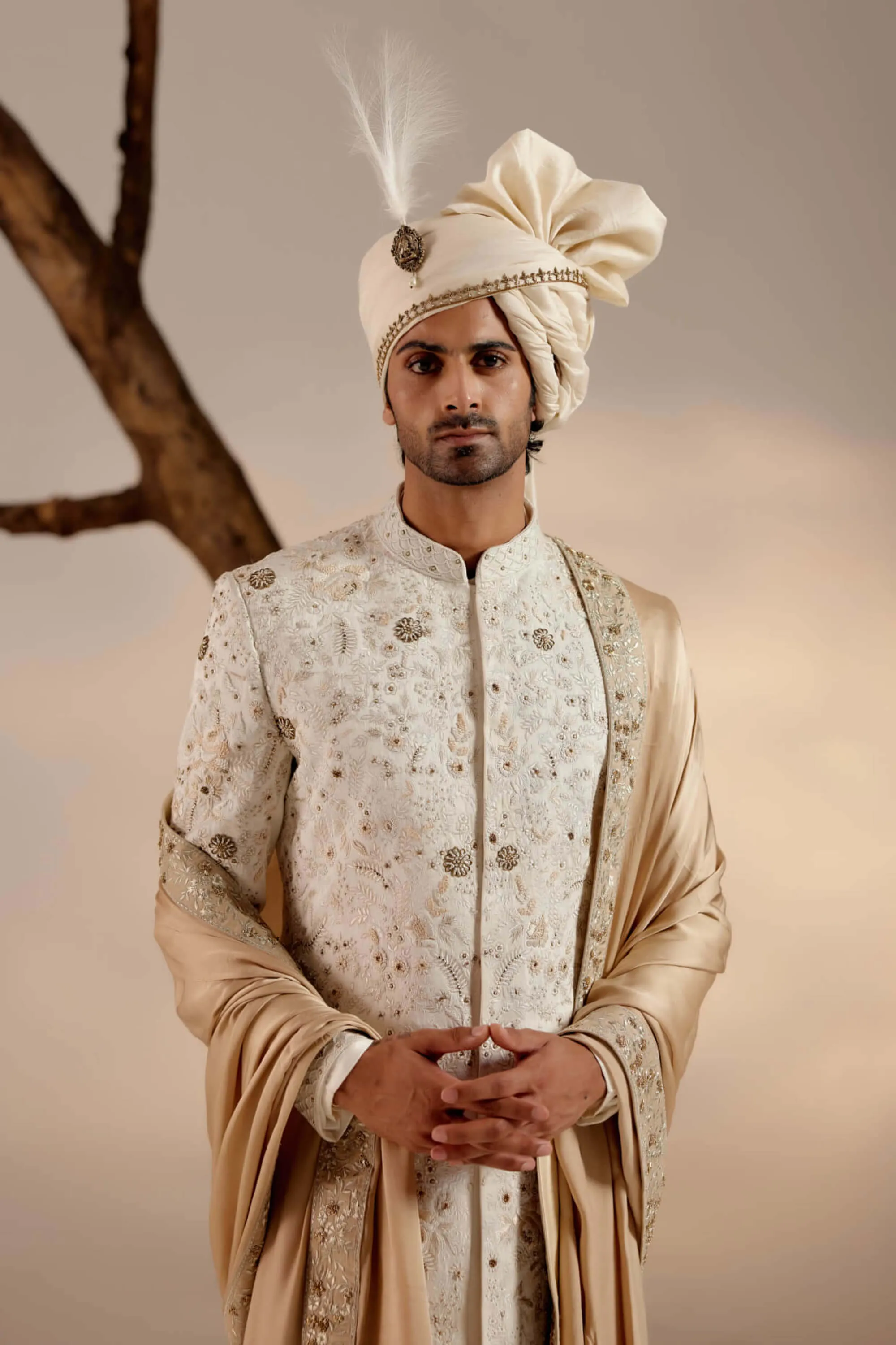 Ivory and gold linen silk sherwani set