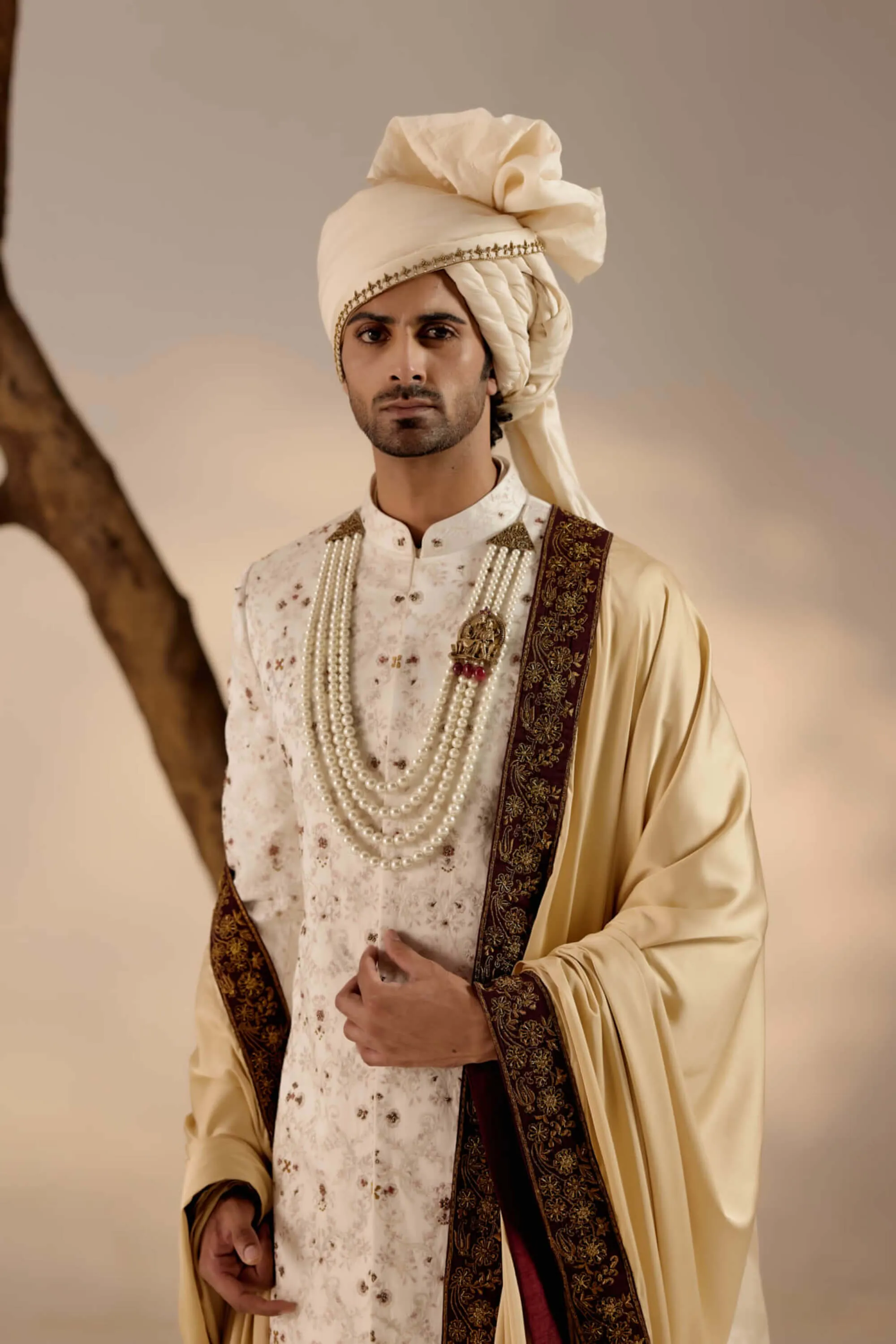Jamawar white linen silk sherwani set