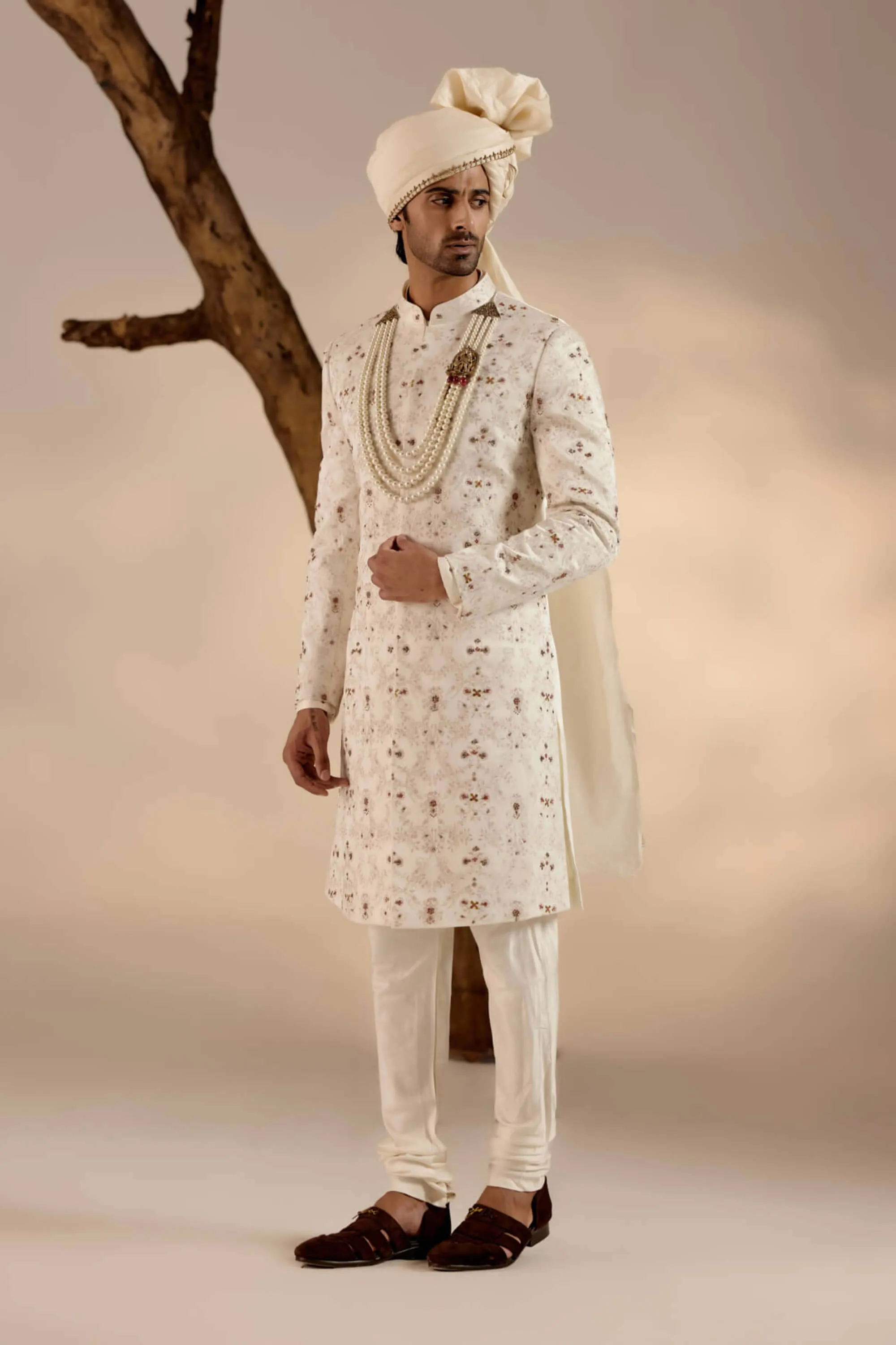 Jamawar white linen silk sherwani set