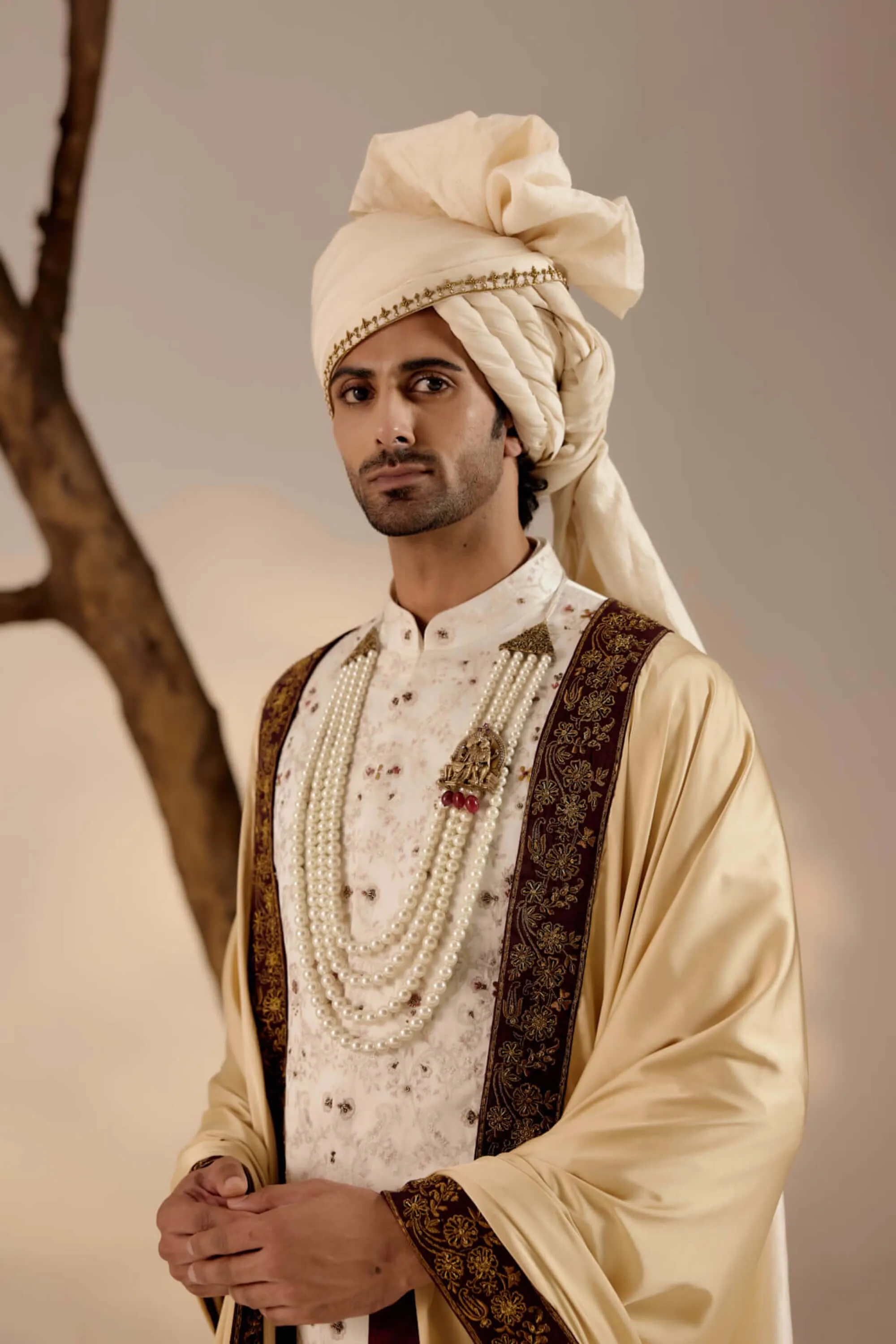 Jamawar white linen silk sherwani set