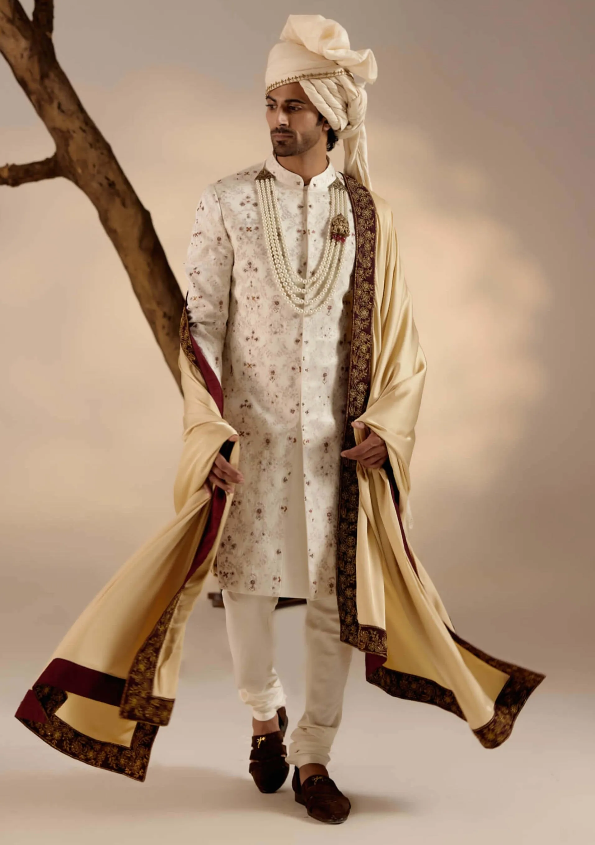 Jamawar white linen silk sherwani set