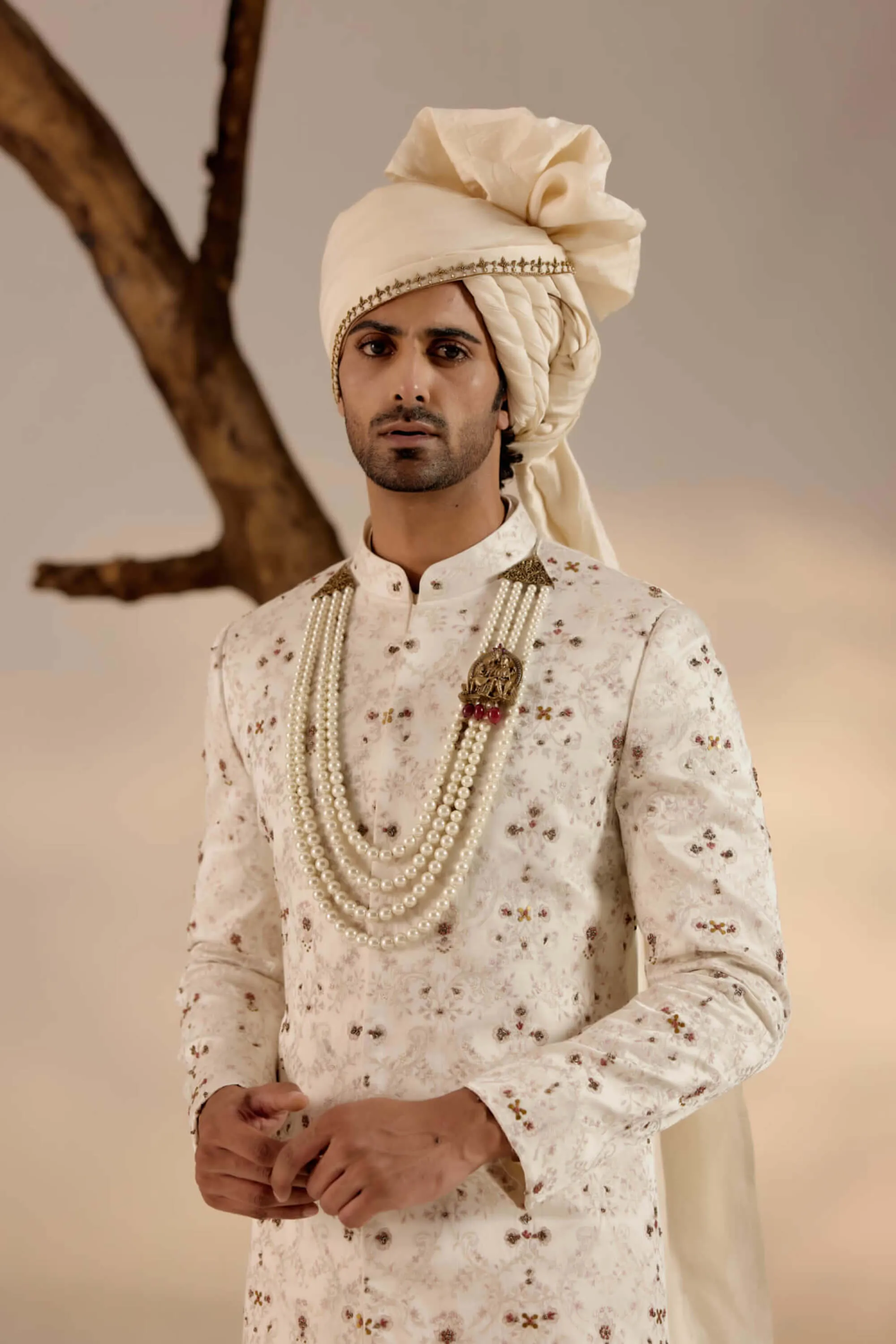 Jamawar white linen silk sherwani set