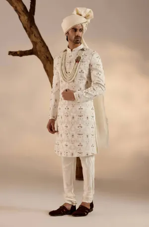 Jamawar white sherwani set
