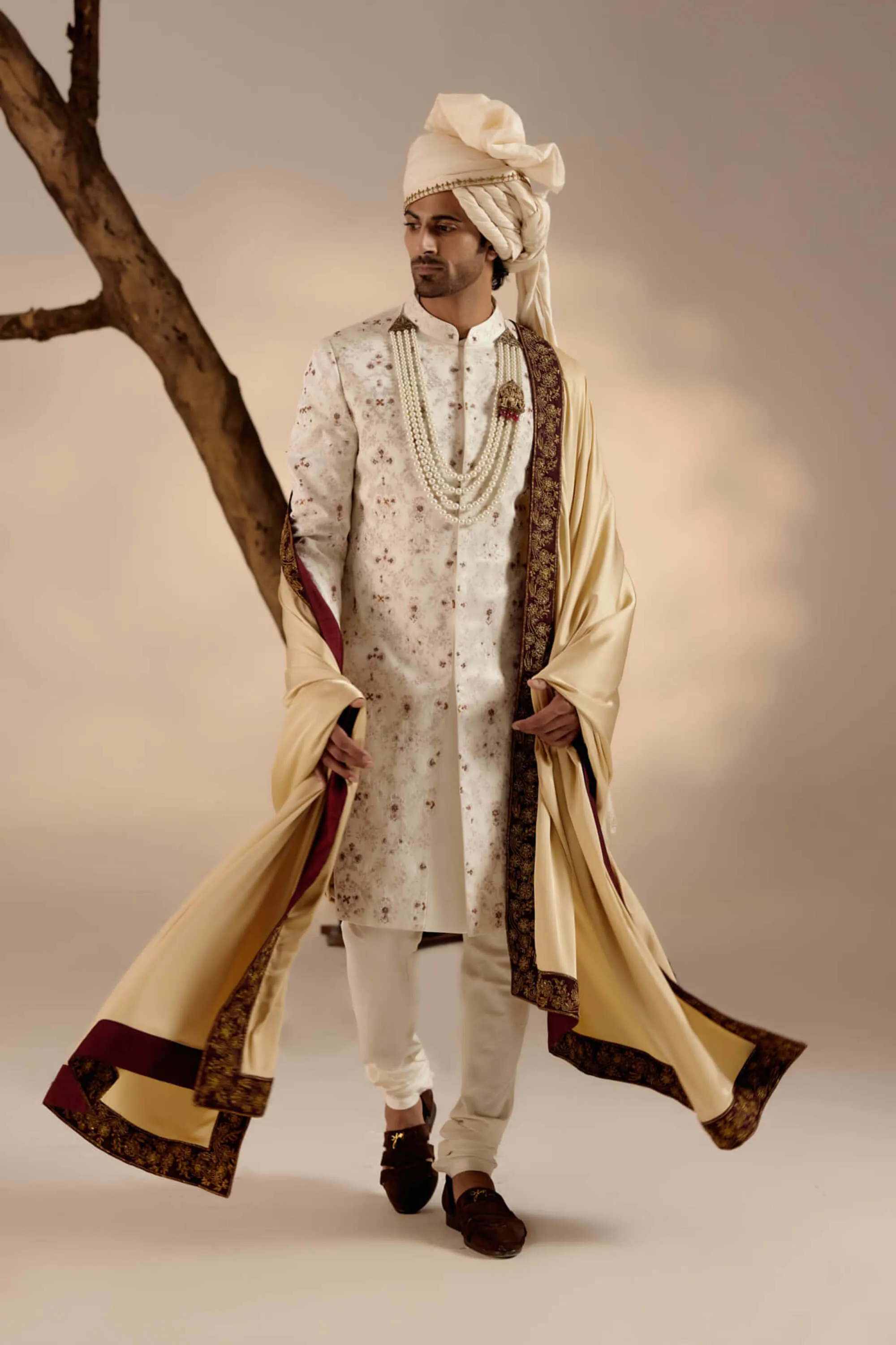 Jamawar white sherwani set