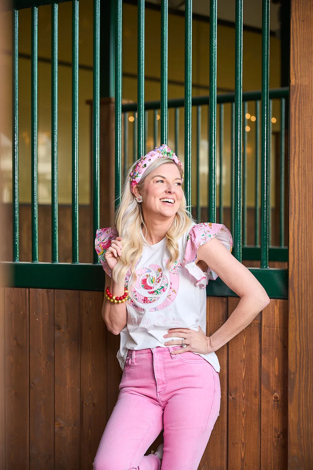 Kentucky Derby X Laura Ashley Ashfield Pink Ruffle T-shirt