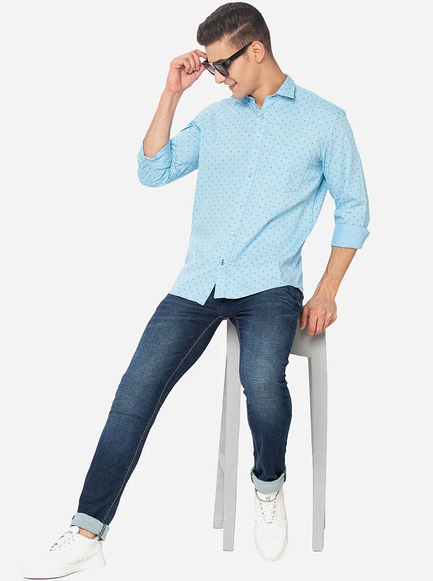 Light Blue Printed Slim Fit Casual Shirt | Greenfibre