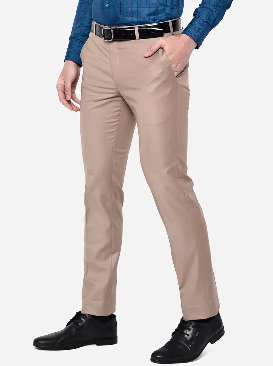 Light Brown Solid Slim Fit Formal Trouser | Metal