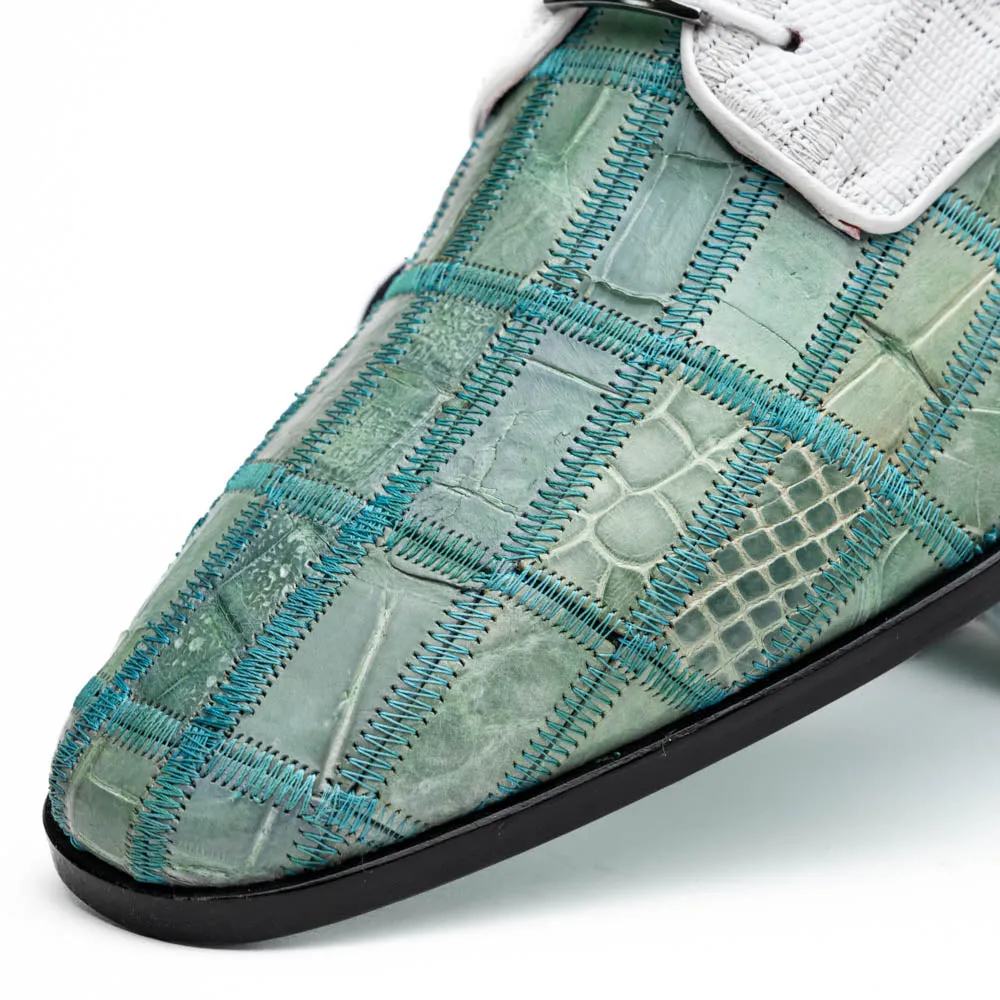 Marco Di Milano Pissa Tourquoise/White Patchwork Lizard Caiman Crocodile Derby Dress Shoes