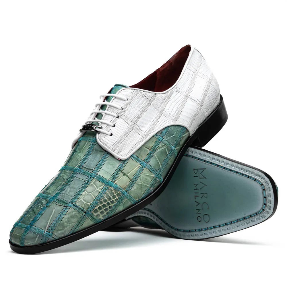 Marco Di Milano Pissa Tourquoise/White Patchwork Lizard Caiman Crocodile Derby Dress Shoes