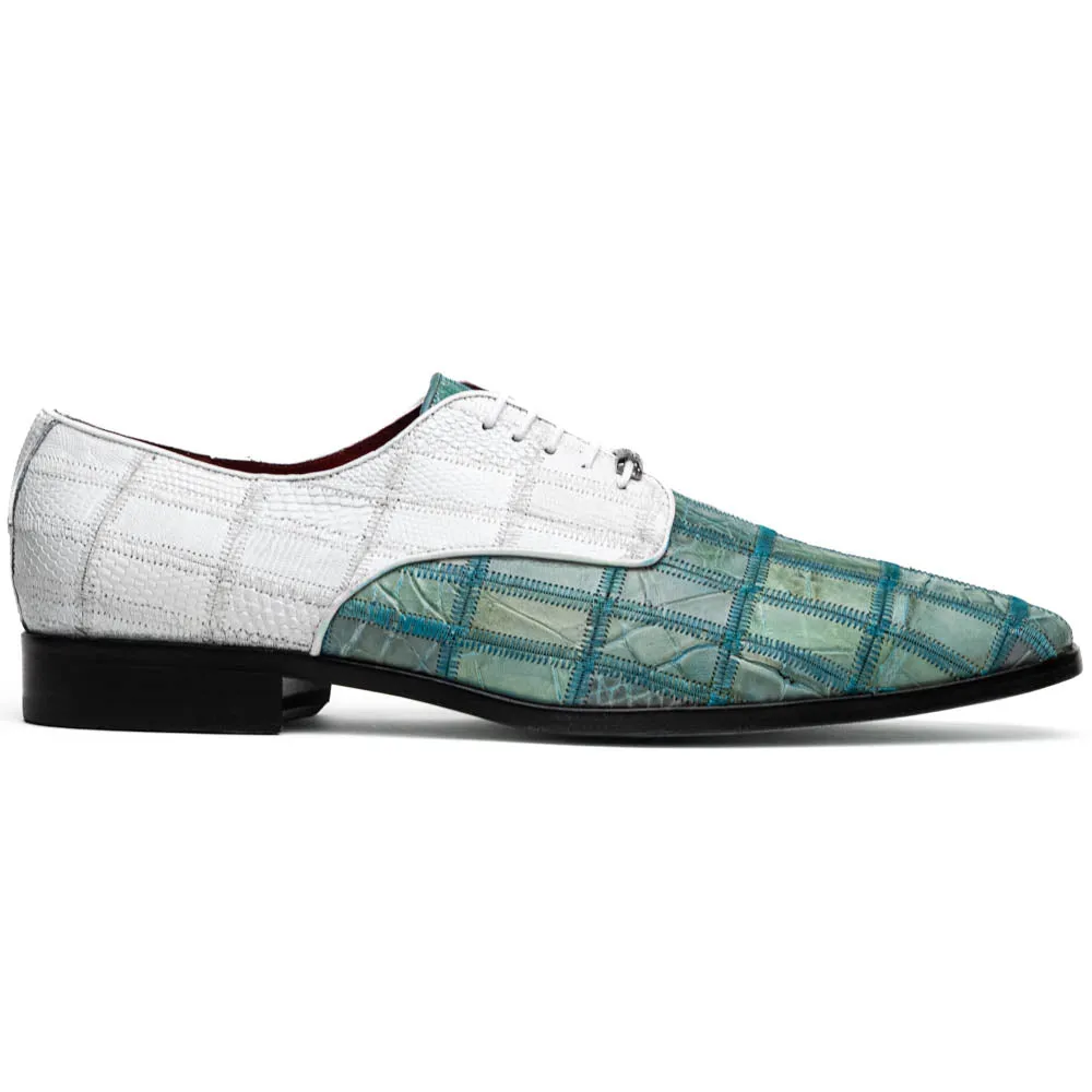 Marco Di Milano Pissa Tourquoise/White Patchwork Lizard Caiman Crocodile Derby Dress Shoes