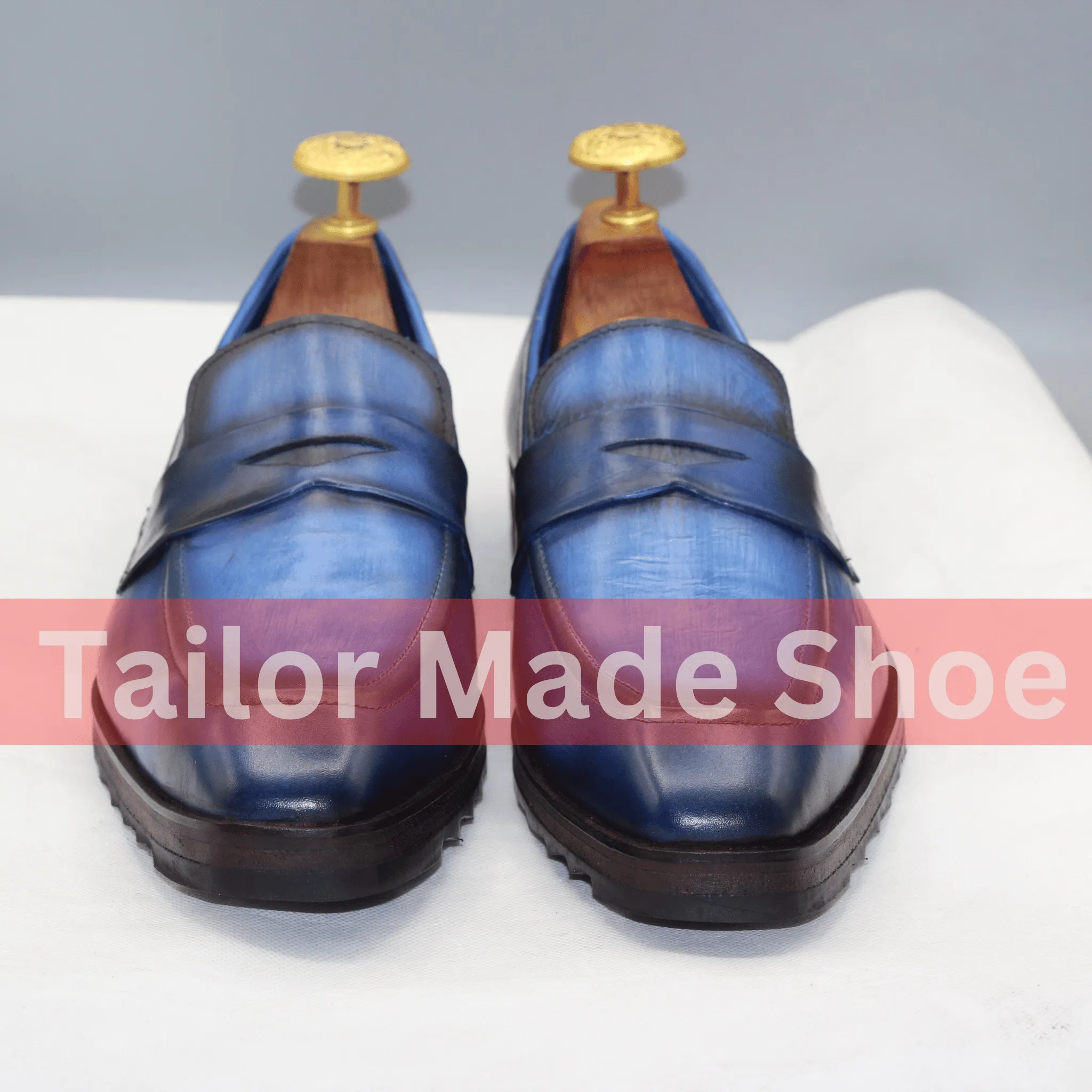 Men's Handcrafted Blue Leather Loafers – Smart Casual Style ustom-Made Blue Leather Loafers – Penny Strap Design