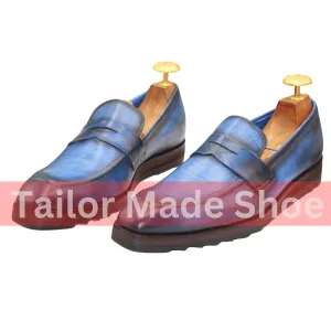 Men's Handcrafted Blue Leather Loafers – Smart Casual Style ustom-Made Blue Leather Loafers – Penny Strap Design