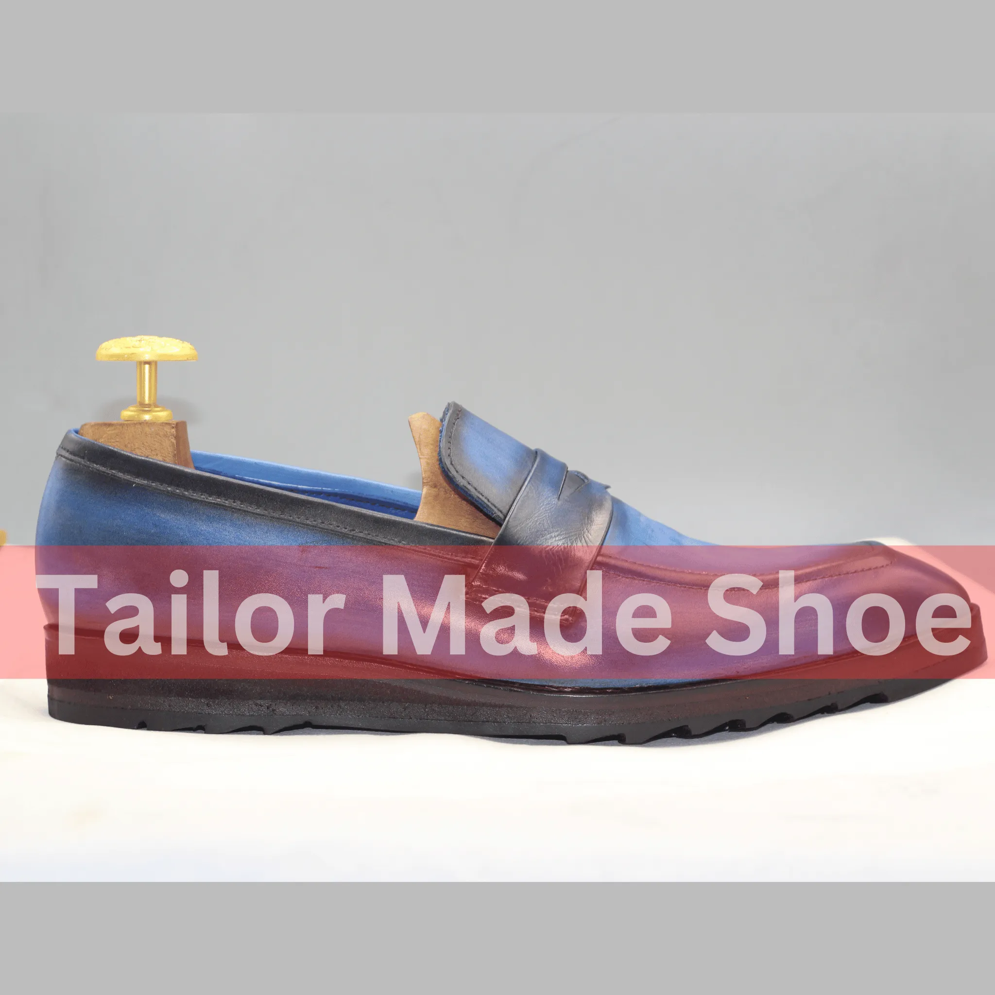 Men's Handcrafted Blue Leather Loafers – Smart Casual Style ustom-Made Blue Leather Loafers – Penny Strap Design