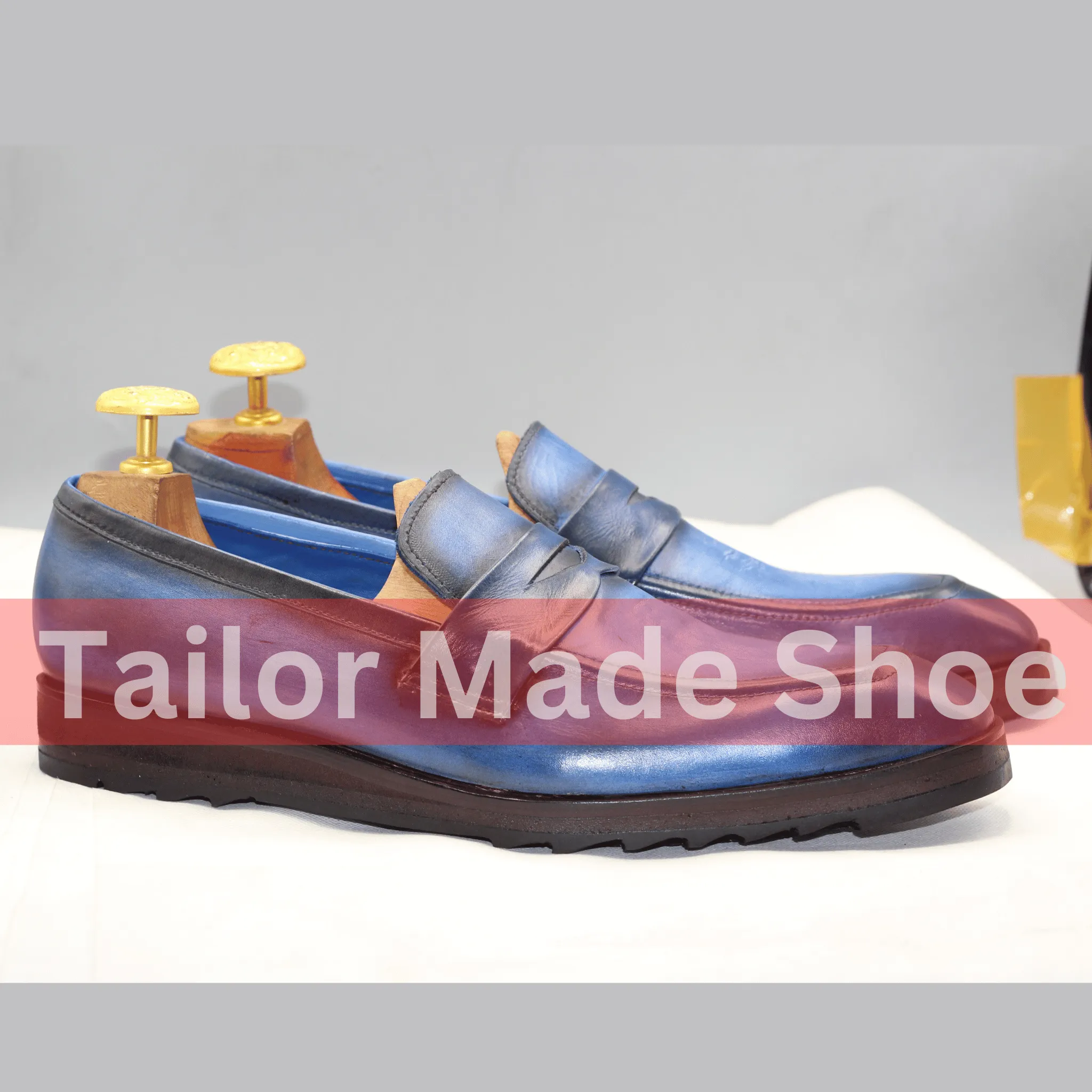 Men's Handcrafted Blue Leather Loafers – Smart Casual Style ustom-Made Blue Leather Loafers – Penny Strap Design