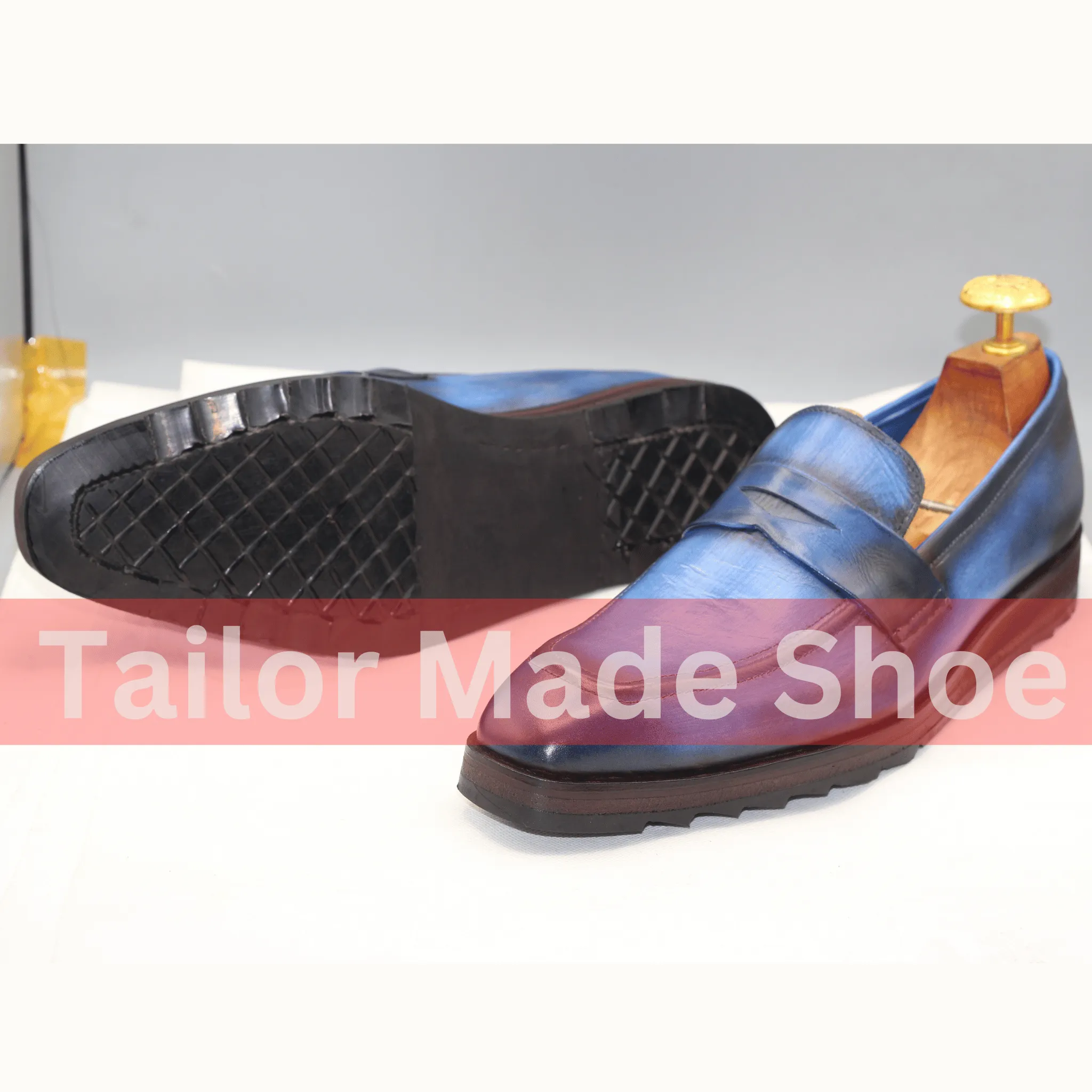 Men's Handcrafted Blue Leather Loafers – Smart Casual Style ustom-Made Blue Leather Loafers – Penny Strap Design