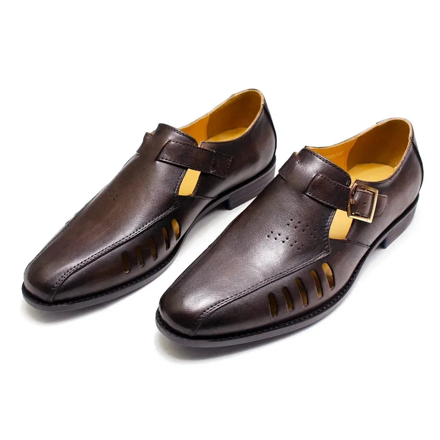 Men's Leather Sandals Smooth Hollow Breathable Dress Shoes Casual Metal Button Pointed Toe Sandals Office Men's Leather Shoes