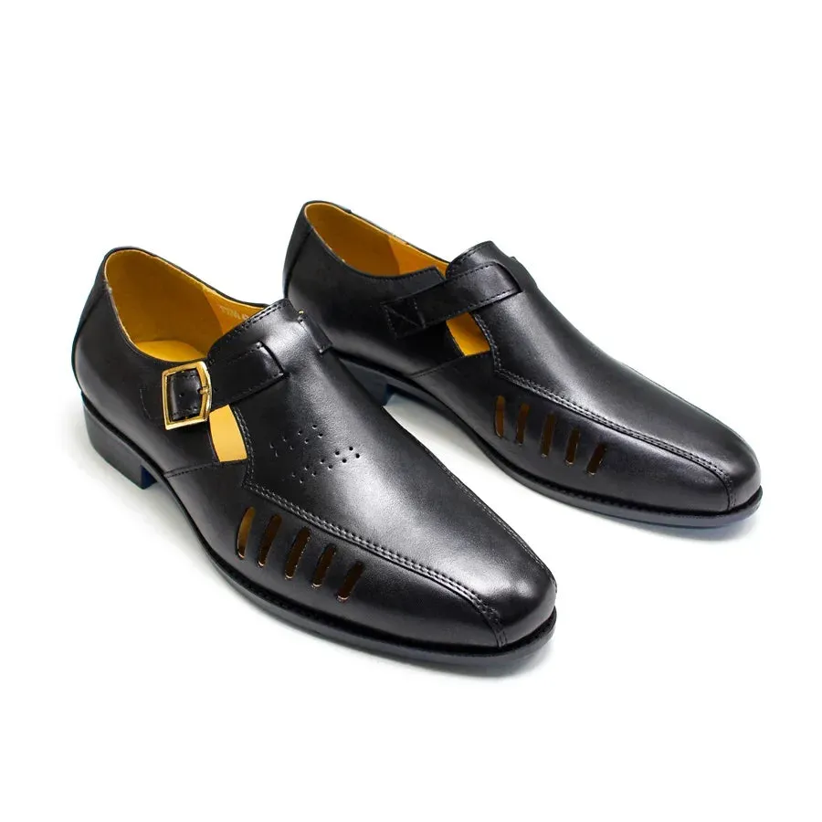 Men's Leather Sandals Smooth Hollow Breathable Dress Shoes Casual Metal Button Pointed Toe Sandals Office Men's Leather Shoes