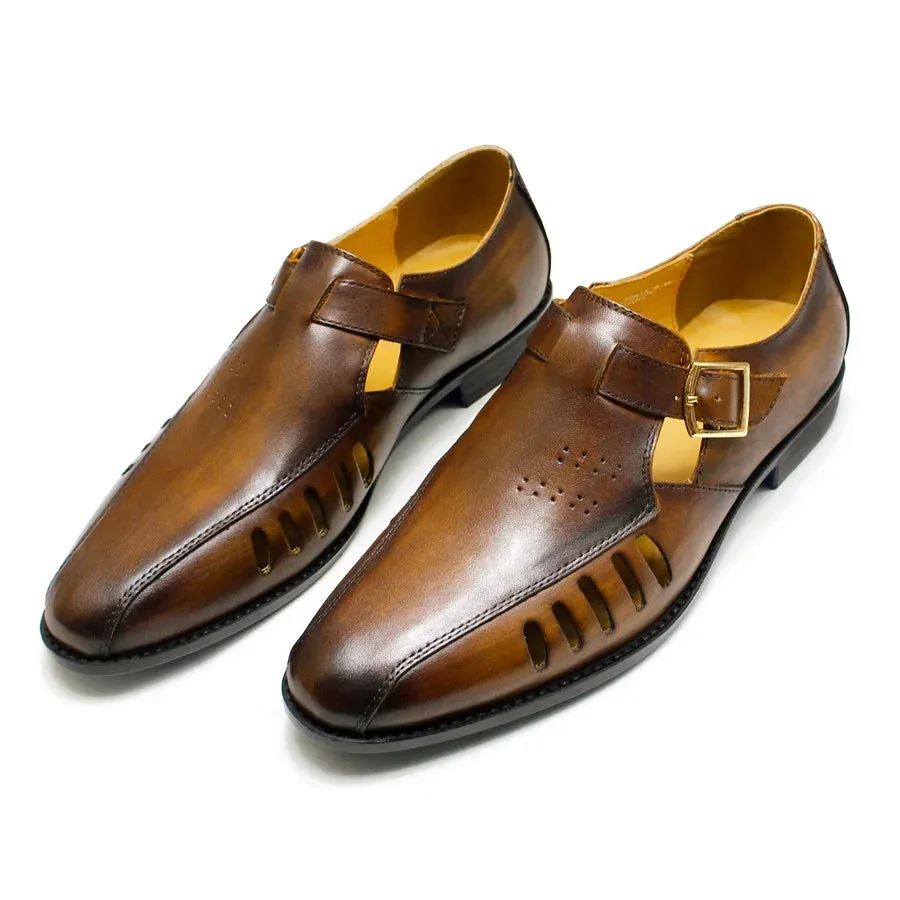 Men's Leather Sandals Smooth Hollow Breathable Dress Shoes Casual Metal Button Pointed Toe Sandals Office Men's Leather Shoes