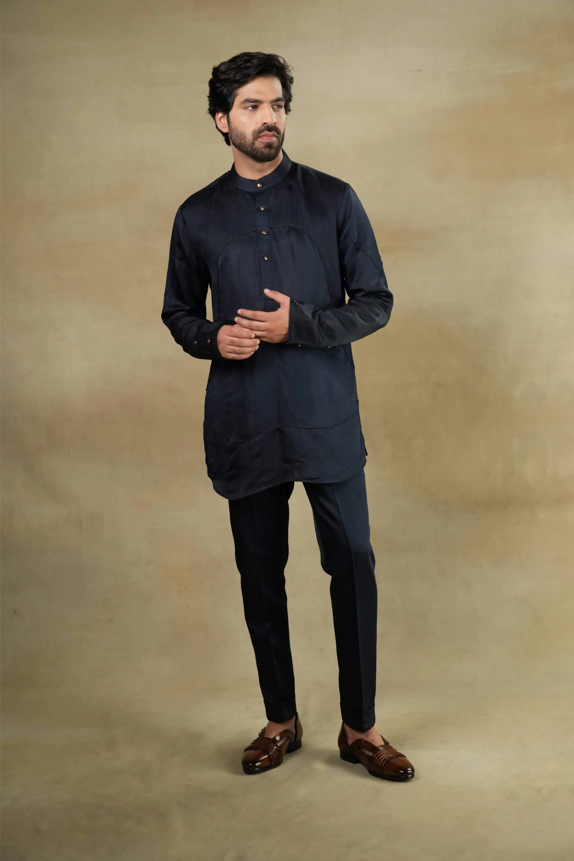 Midnight blue short jacket and kurta set