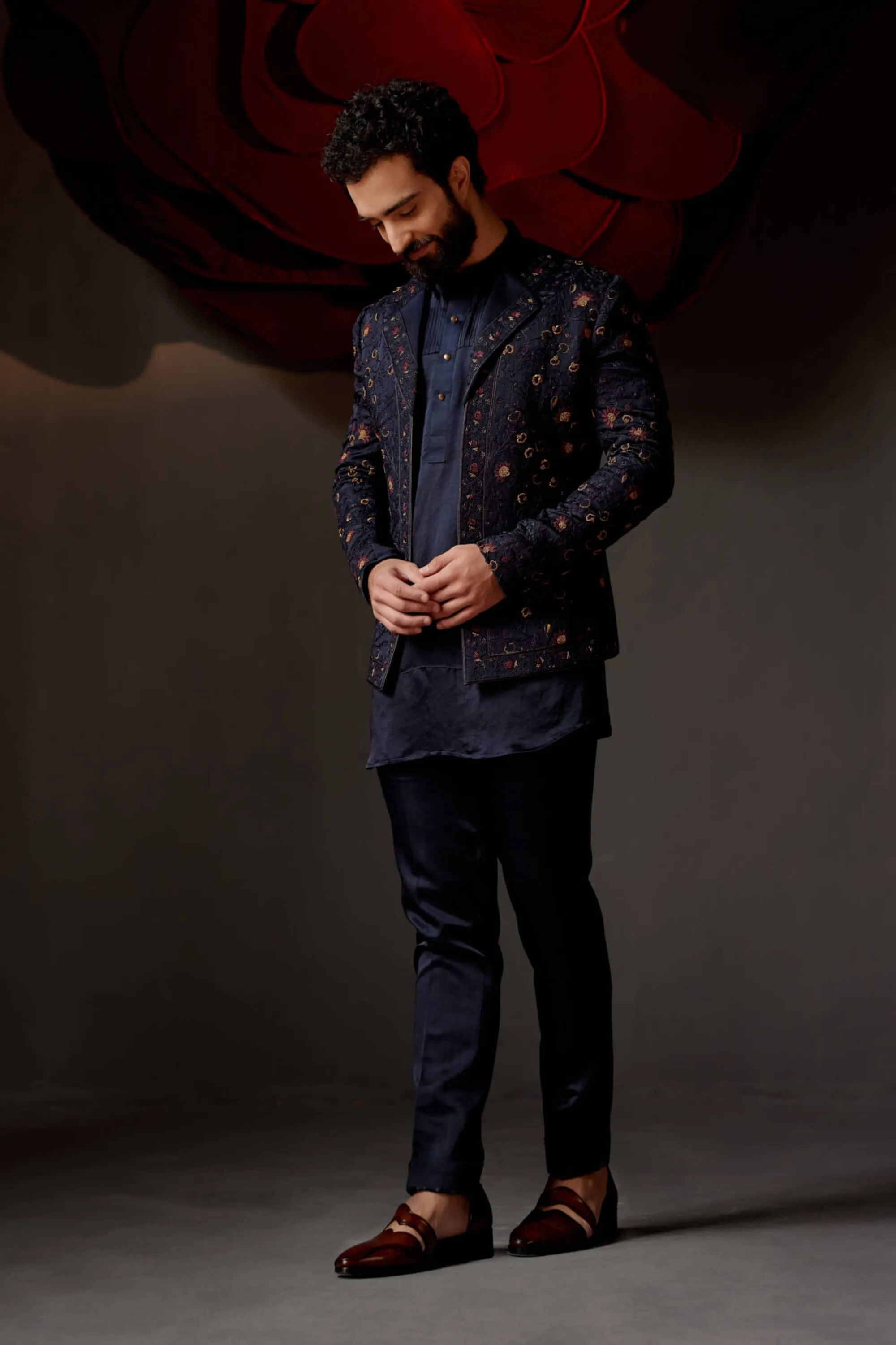 Midnight blue short jacket and kurta set
