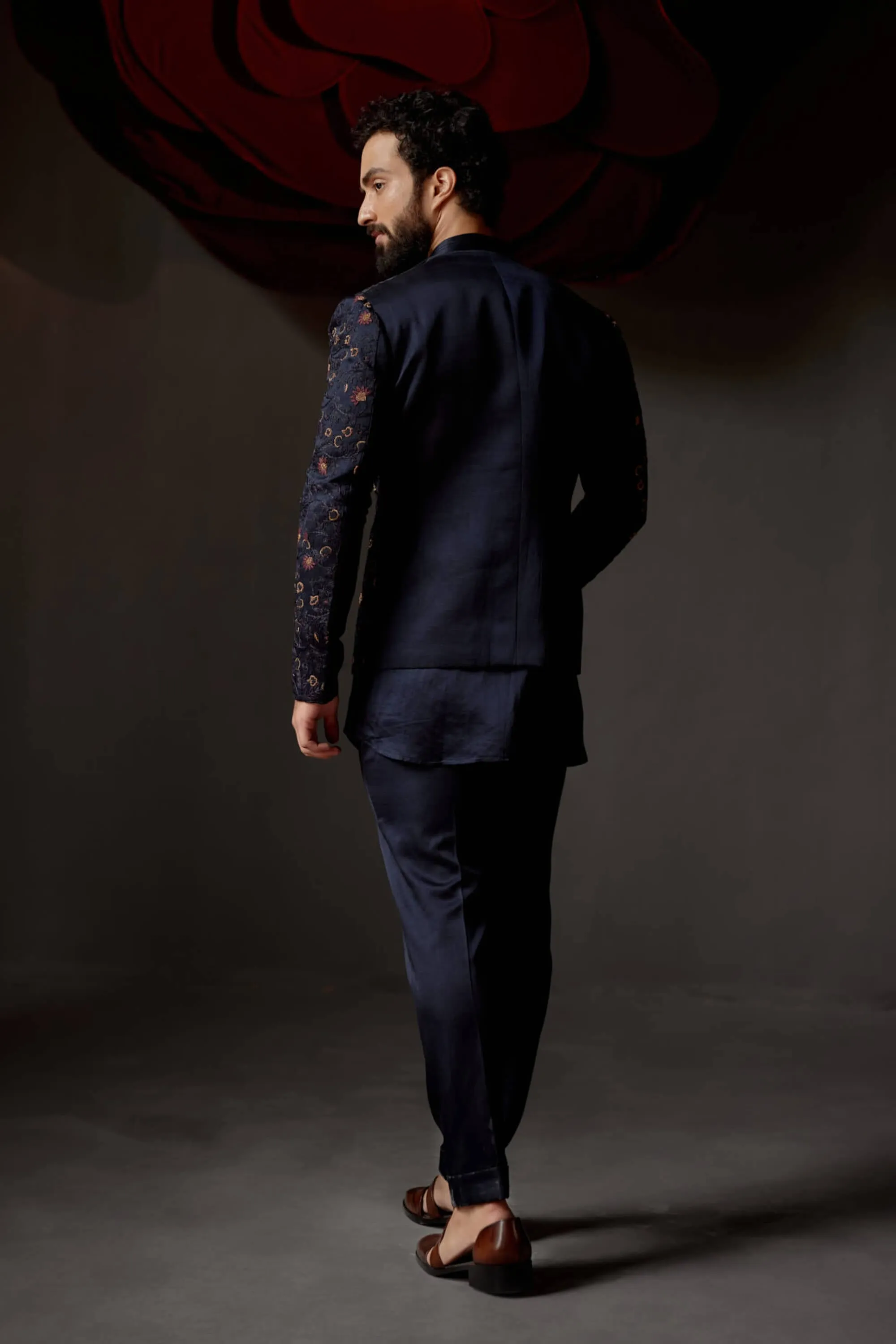 Midnight blue short jacket and kurta set