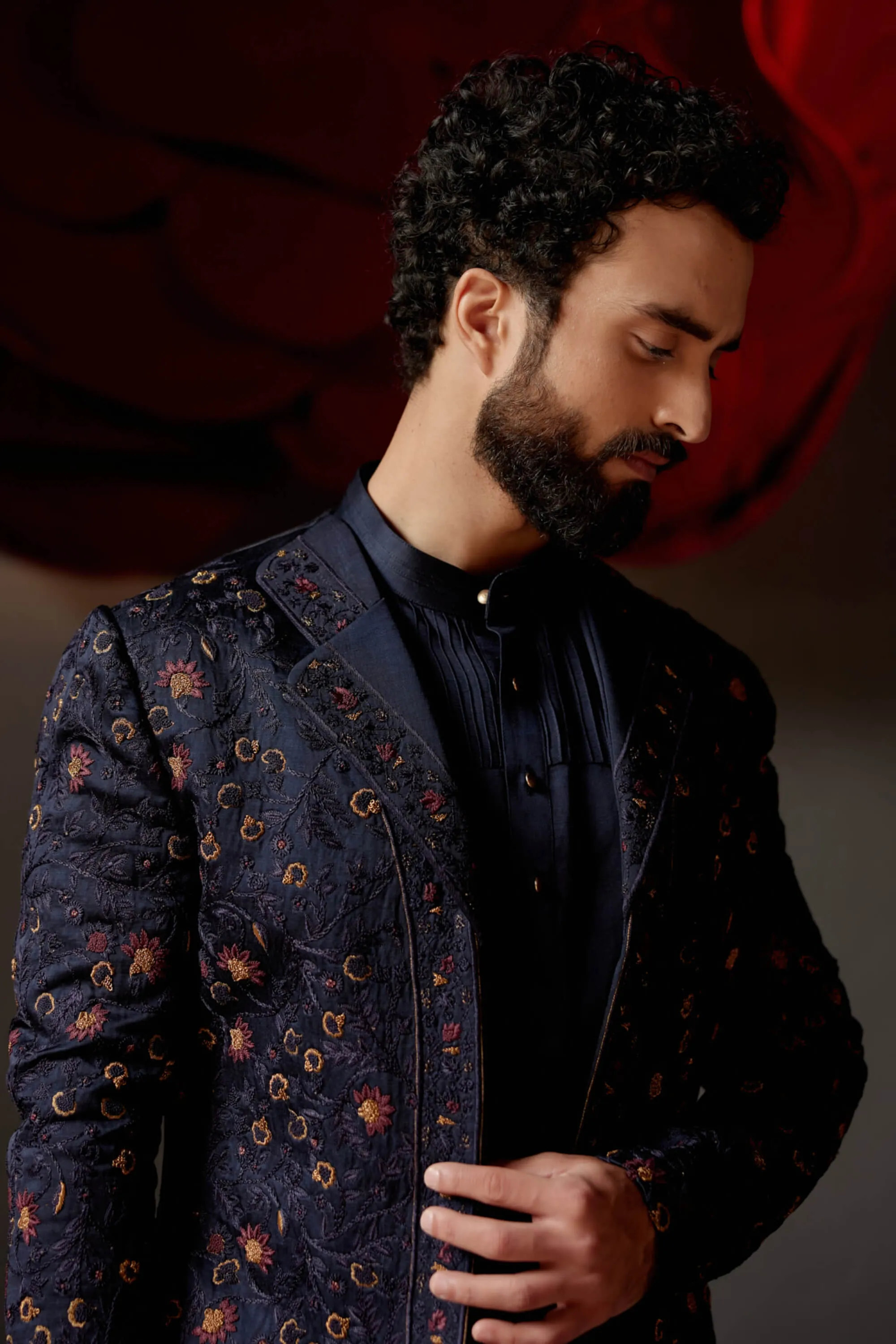 Midnight blue short jacket and kurta set