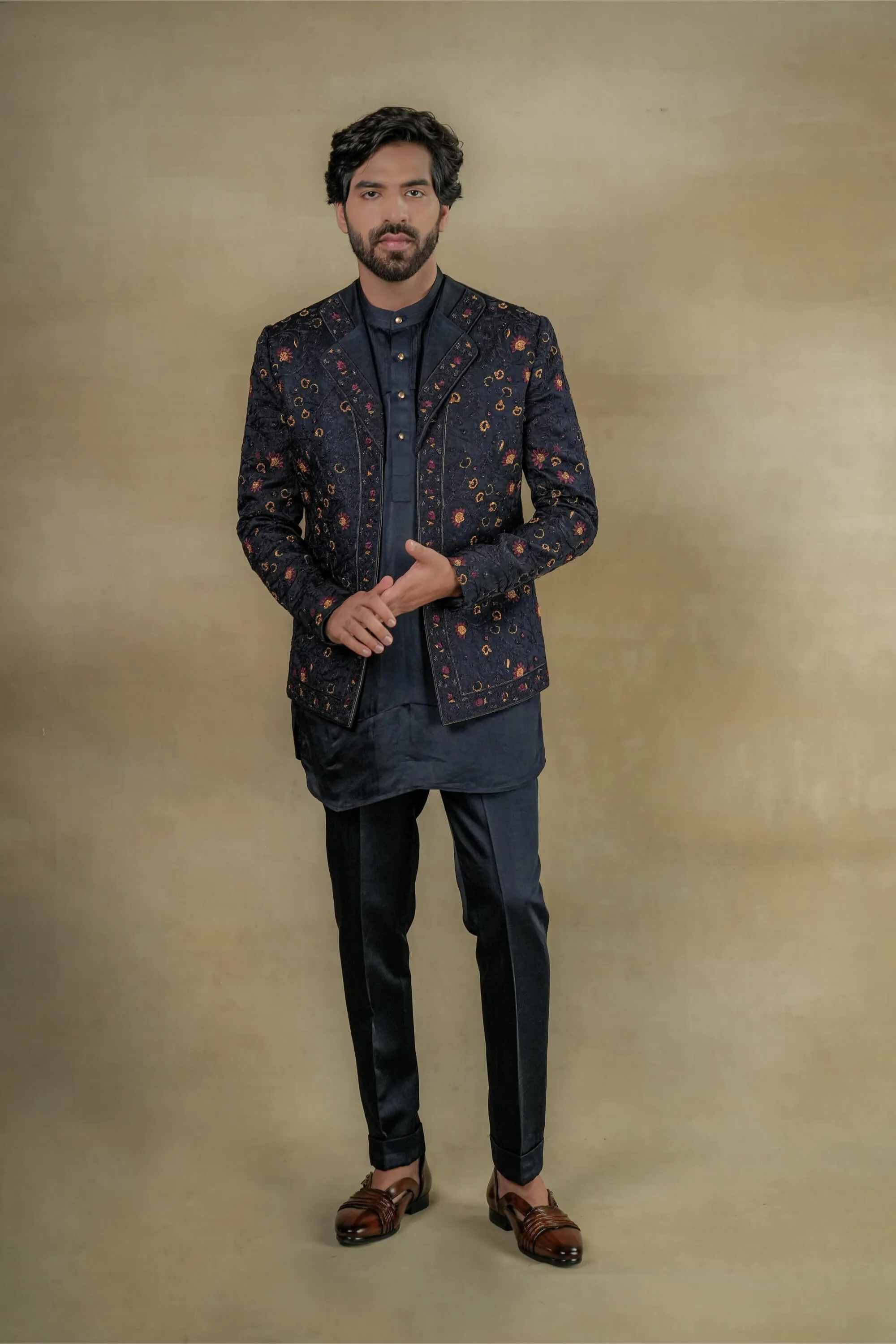 Midnight blue short jacket and kurta set