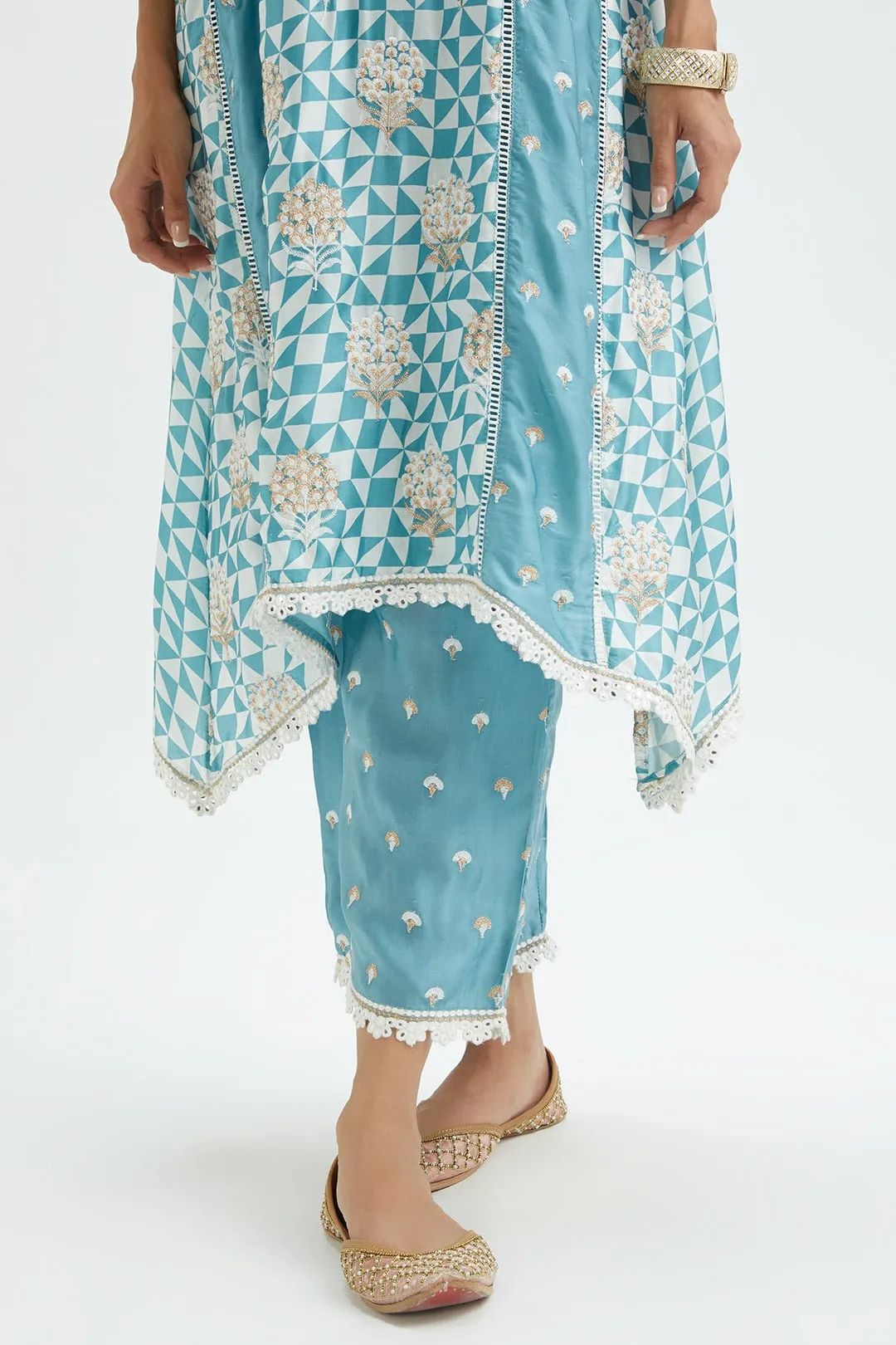 Mulmul Cupro Silk Derby Teal Kurta With Derby Teal Pant