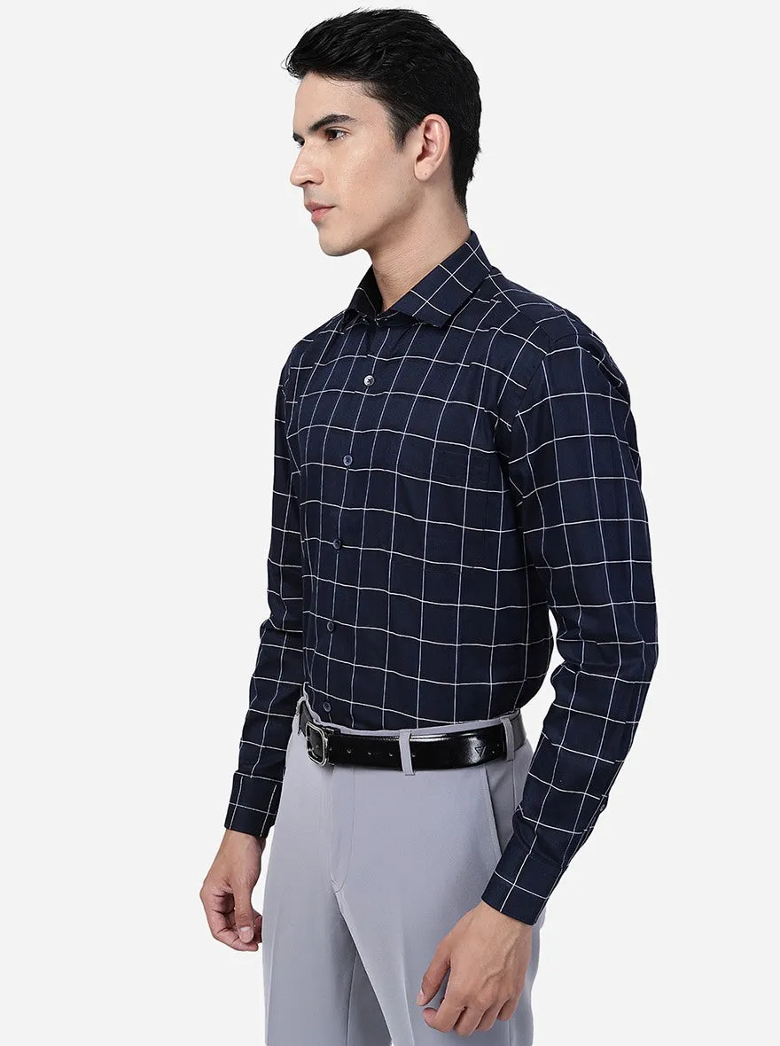 Navy Blue Checked Regular Fit Formal Shirt | JadeBlue