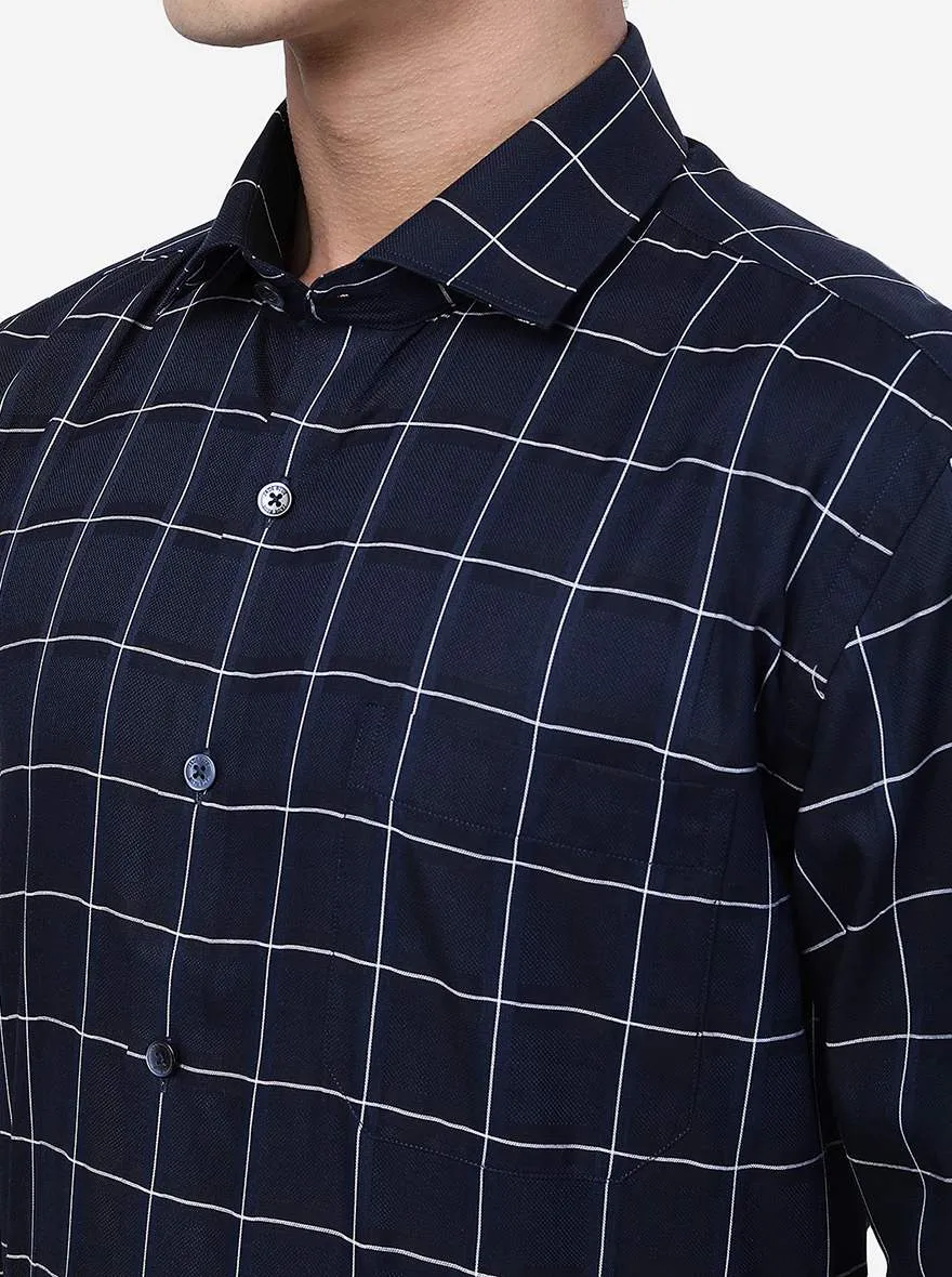 Navy Blue Checked Regular Fit Formal Shirt | JadeBlue